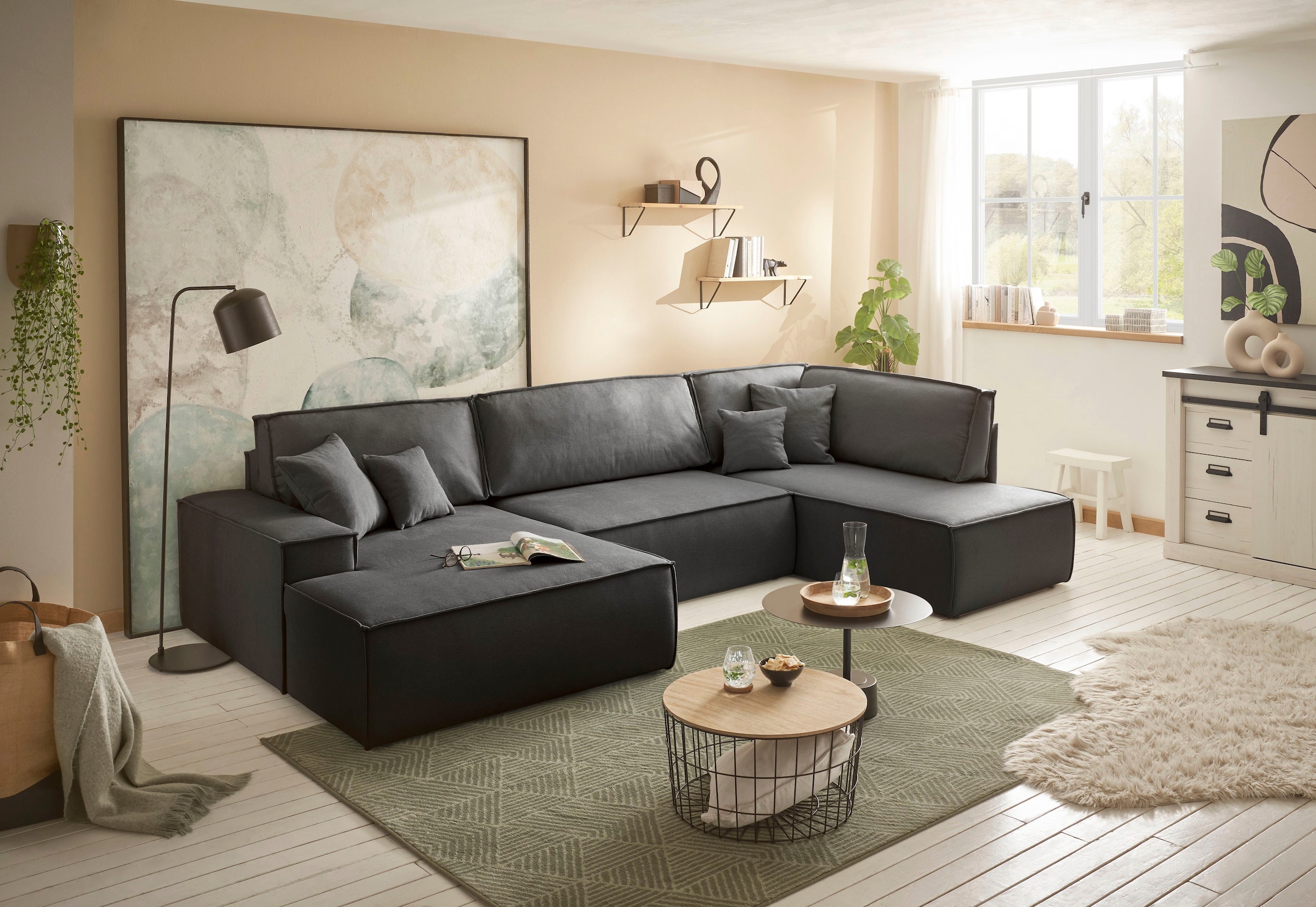 andas Wohnlandschaft »FINNLEY U-Form XXL 329 cm, Schlafsofa, Schlaffunktion m. Bettkasten«, (194/139 cm), Bouclé, Struktur und Cord