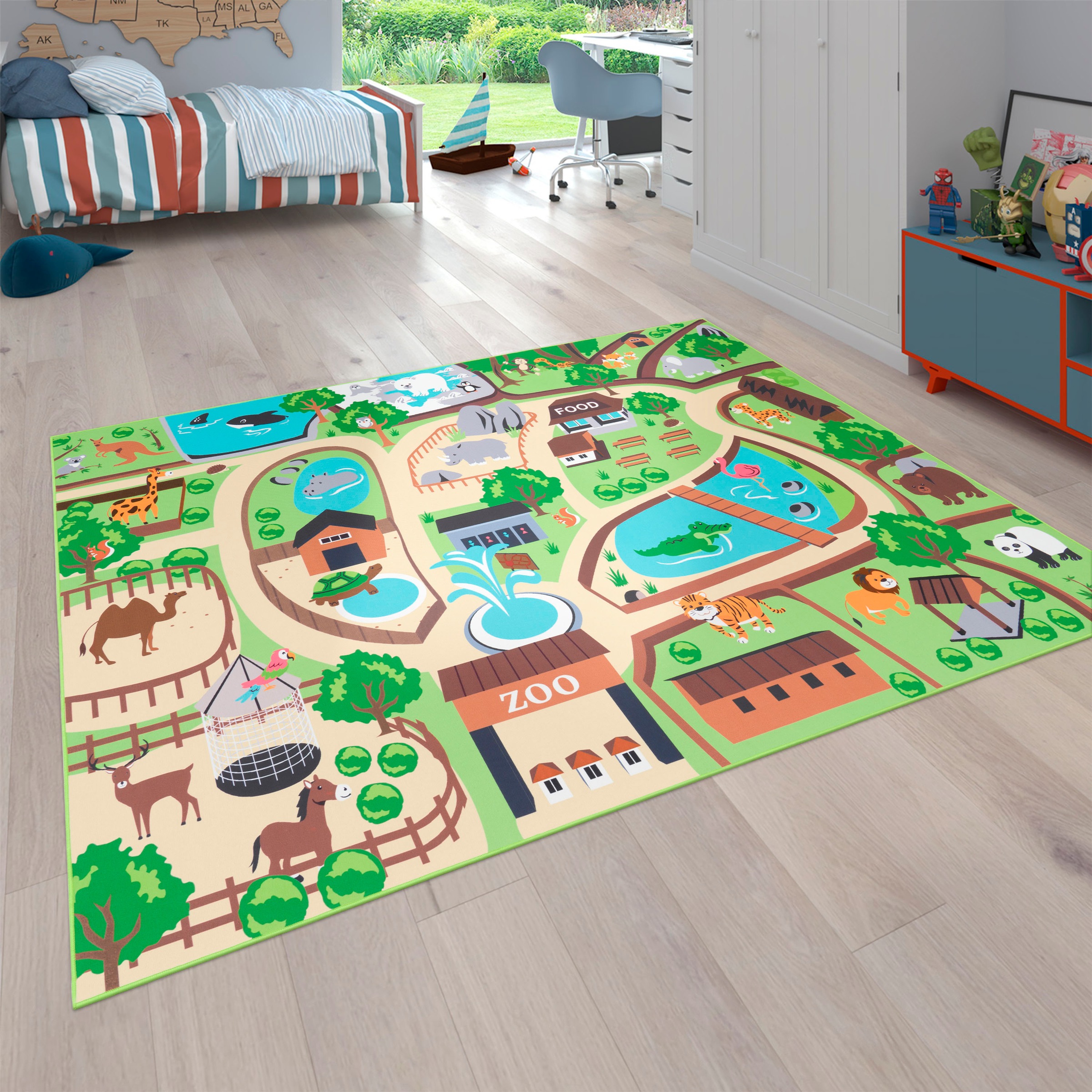 Paco Home Kinderteppich "Bino 563", rechteckig, 4 mm Höhe, Kurzflor, Straßen-Spiel-Teppich, Motiv Zoo, Kinderzimmer