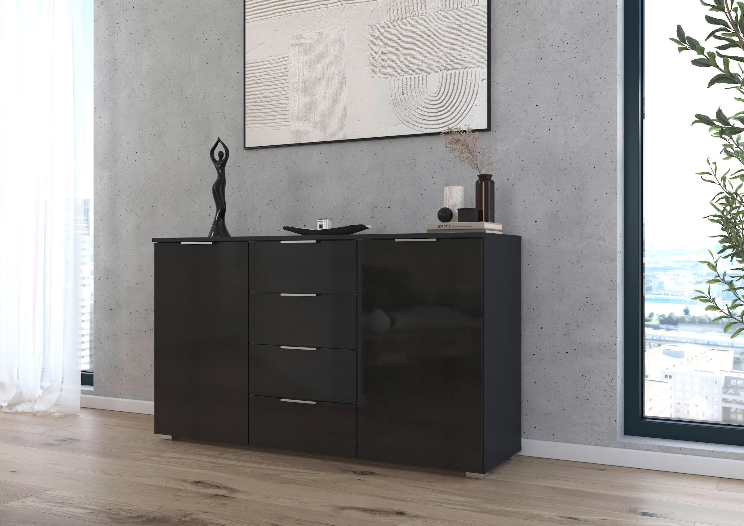 rauch Kombikommode »Sideboard Schubladenkommode AGORDO mit Dekor- oder Hochglanzfront«, (in zwei Griff-Farben, Breite 120 cm), vier große Schubladen, mit insgesamt 4 Einlegeböden MADE IN GERMANY