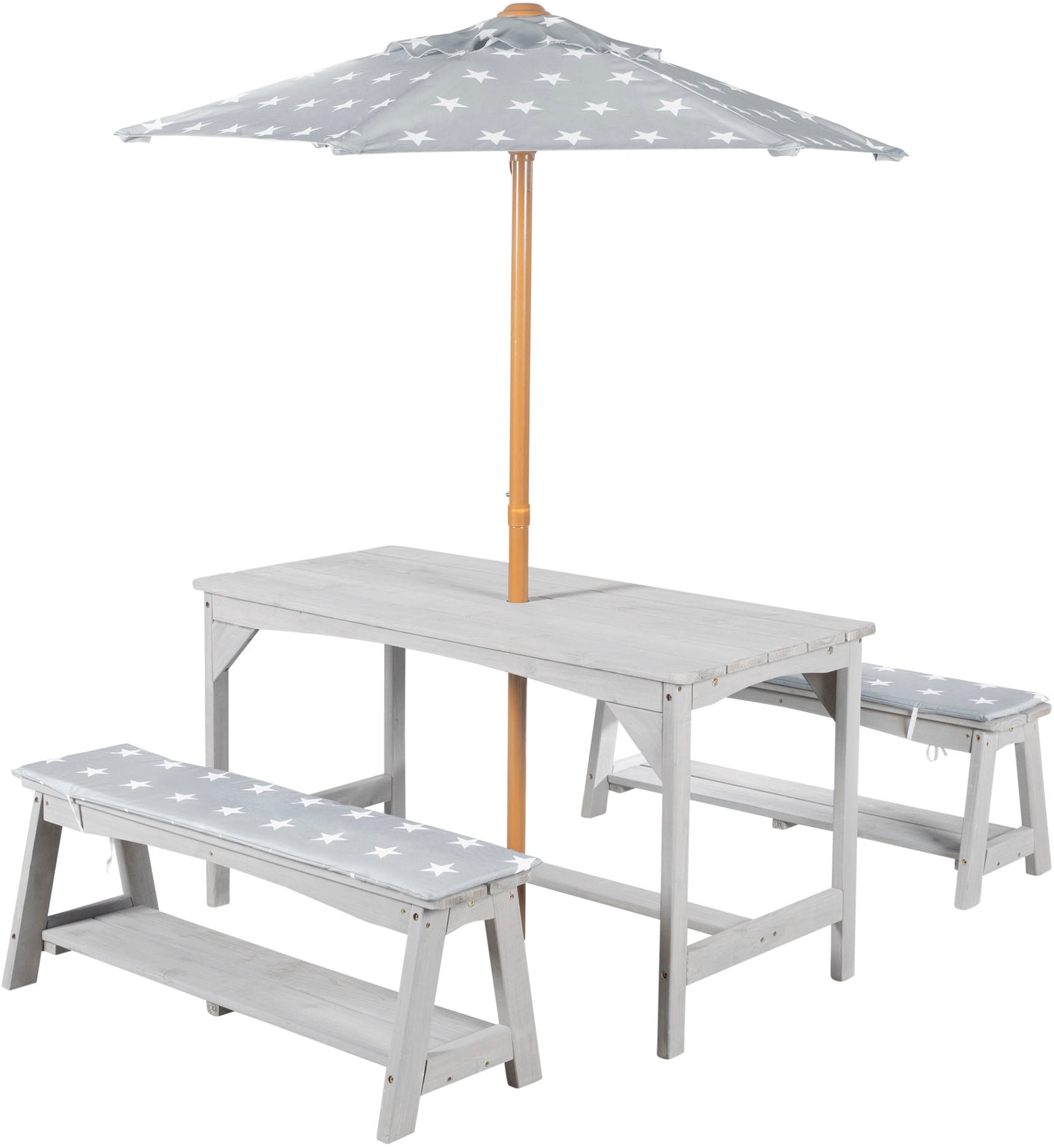 roba® Garten-Kindersitzgruppe »Outdoor+«, (Set, 3 tlg.), Tisch und 2 Bänke mit Sitzauflage, Schirmset