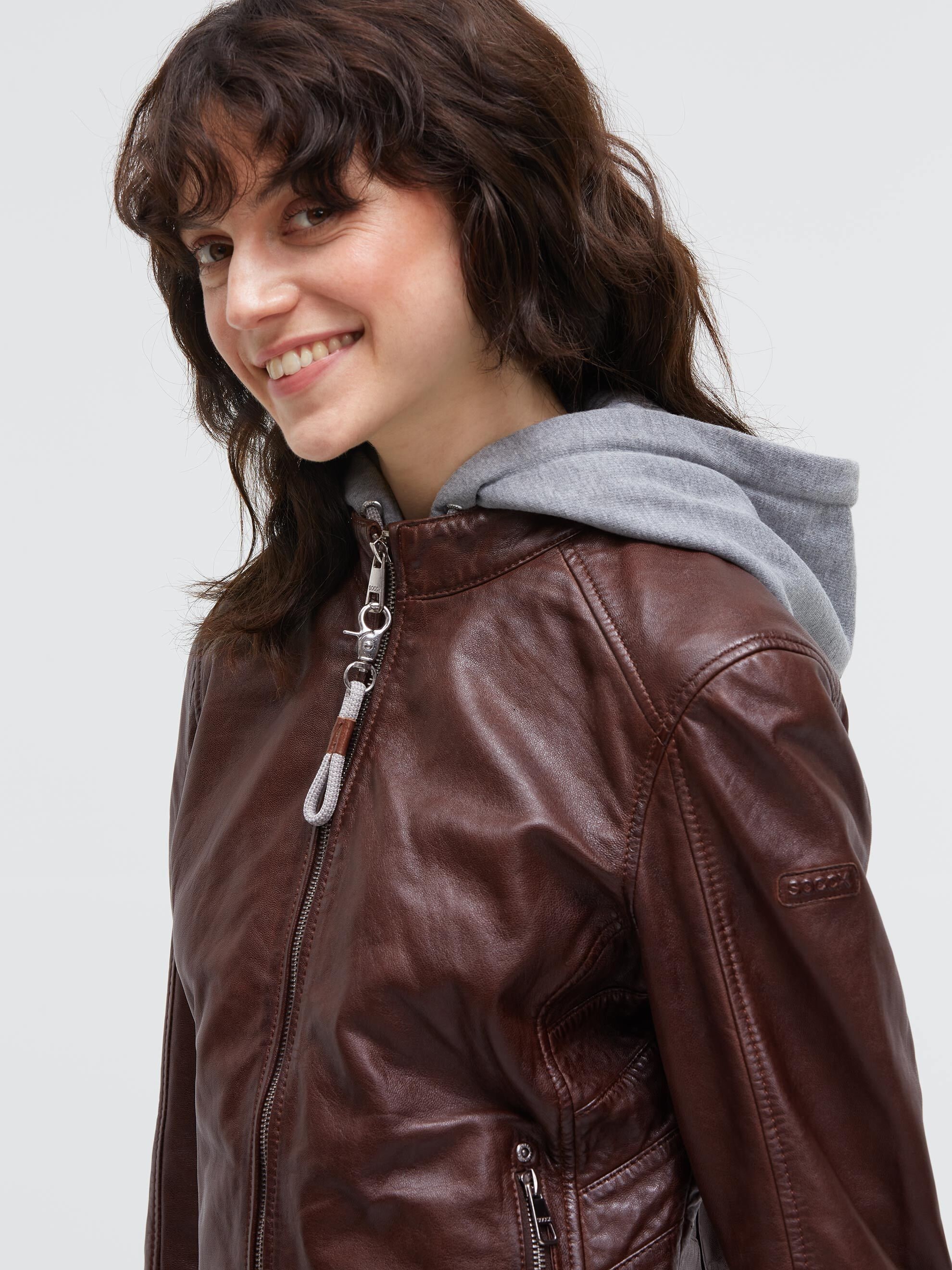 SOCCX Lederjacke mit Kapuze mit Reißverschluss an den Einschubtaschen