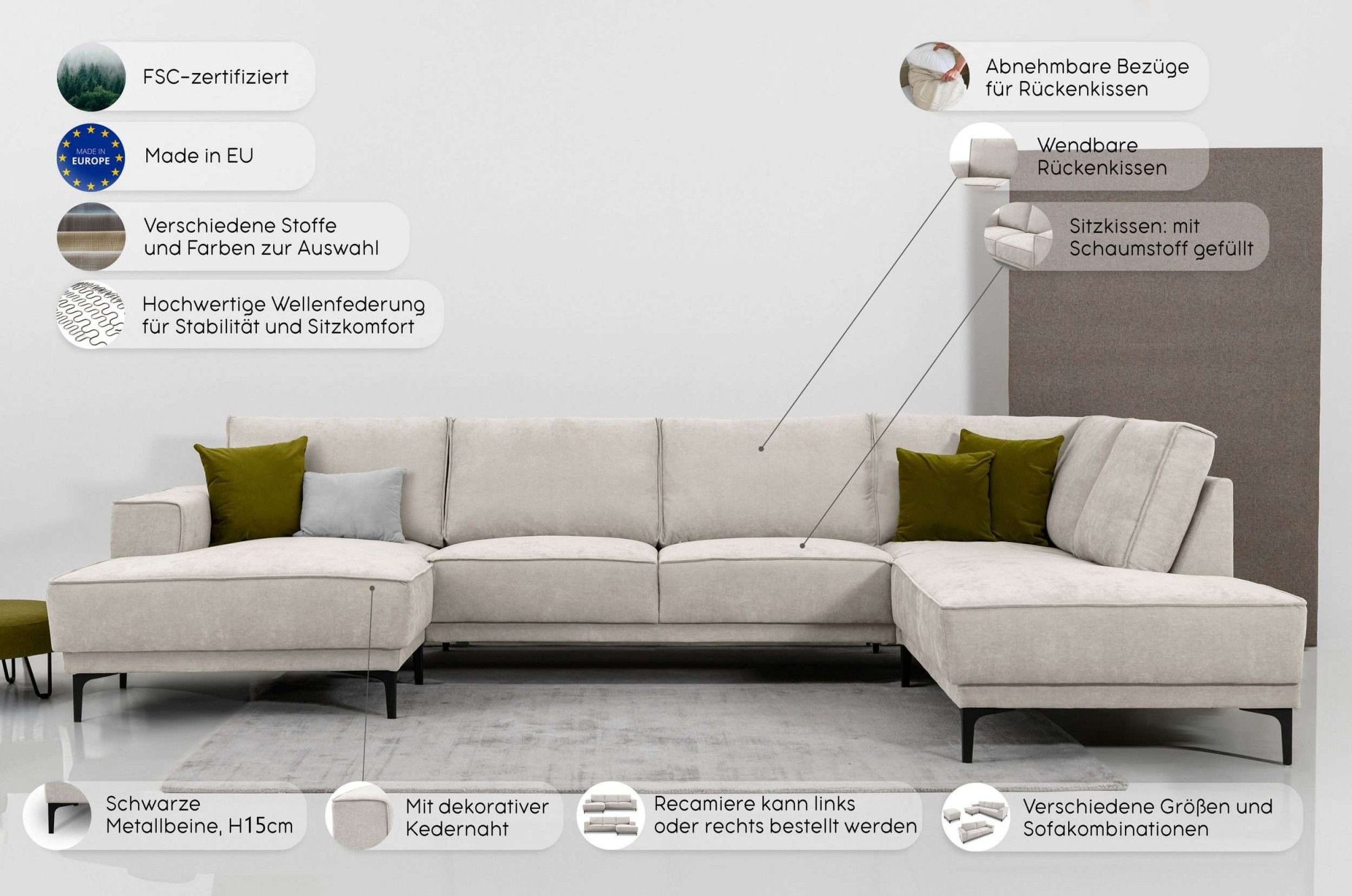 Thumbnail - PLACES OF STYLE Wohnlandschaft "XXL Sofa Oland, Struktur, Flachgewebe, Luxus-Microfaser, Boucle" U-Form, 345 cm, Wellenu...