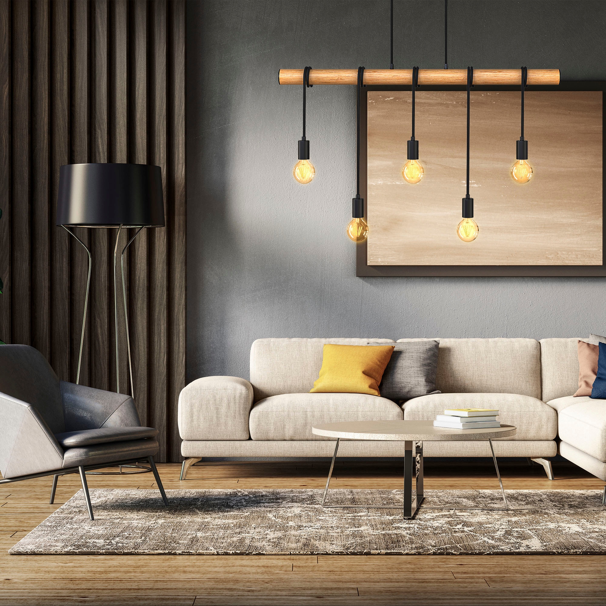 B.K.Licht Pendelleuchte »BK_PL1339 Holz-Pendellampe, Schwarz matt, Hängelampe Esstisch«, 5 flammig, Leuchtmittel E27 | ohne Leuchtmittel, 5-flammig, E27-Fassung, ohne Leuchtmittel (max. 60W), L: 90cm