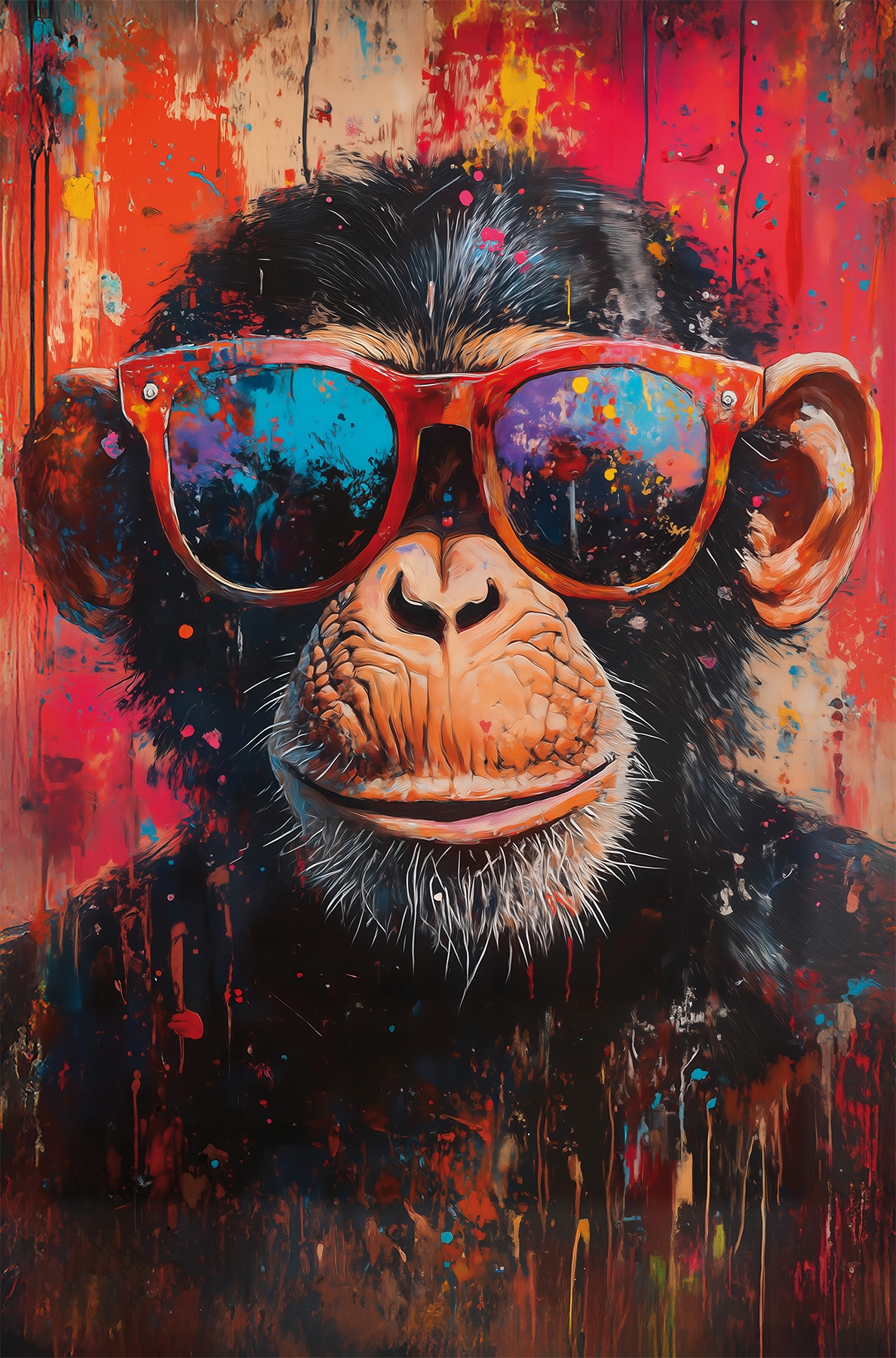 Bönninghoff Bild "Wandbild BUNTER SCHIMPANSE 78x118 cm – Leinwandbild Keilrahmen Deko" Affen Affenbilder Humor auf Keilrahmen gespannt