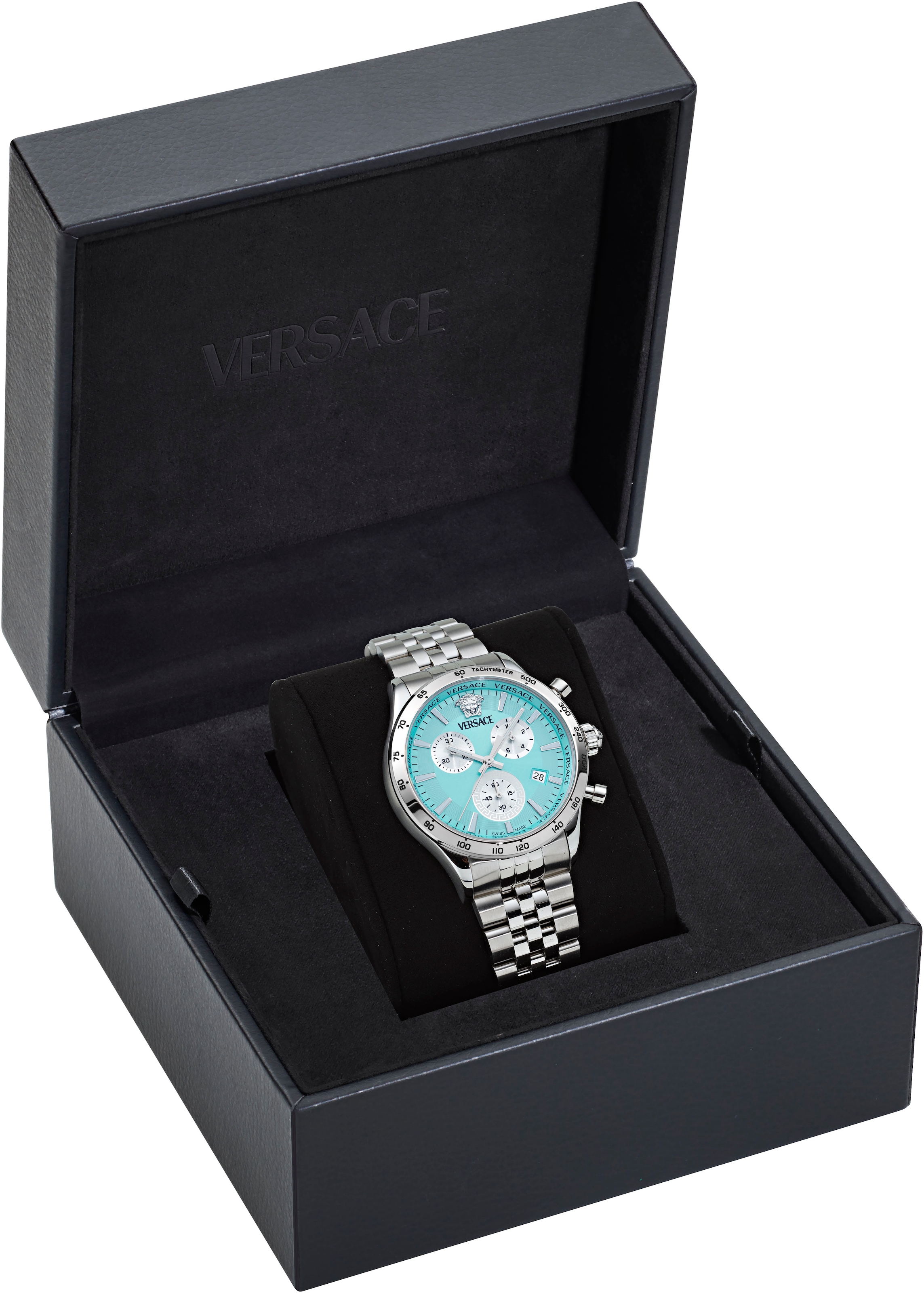 Versace Chronograph »HELLENYIUM CHRONO PETITE«, Quarzuhr, Armbanduhr, Herrenuhr,Swiss Made,Edelstahlband,Stoppfunktion