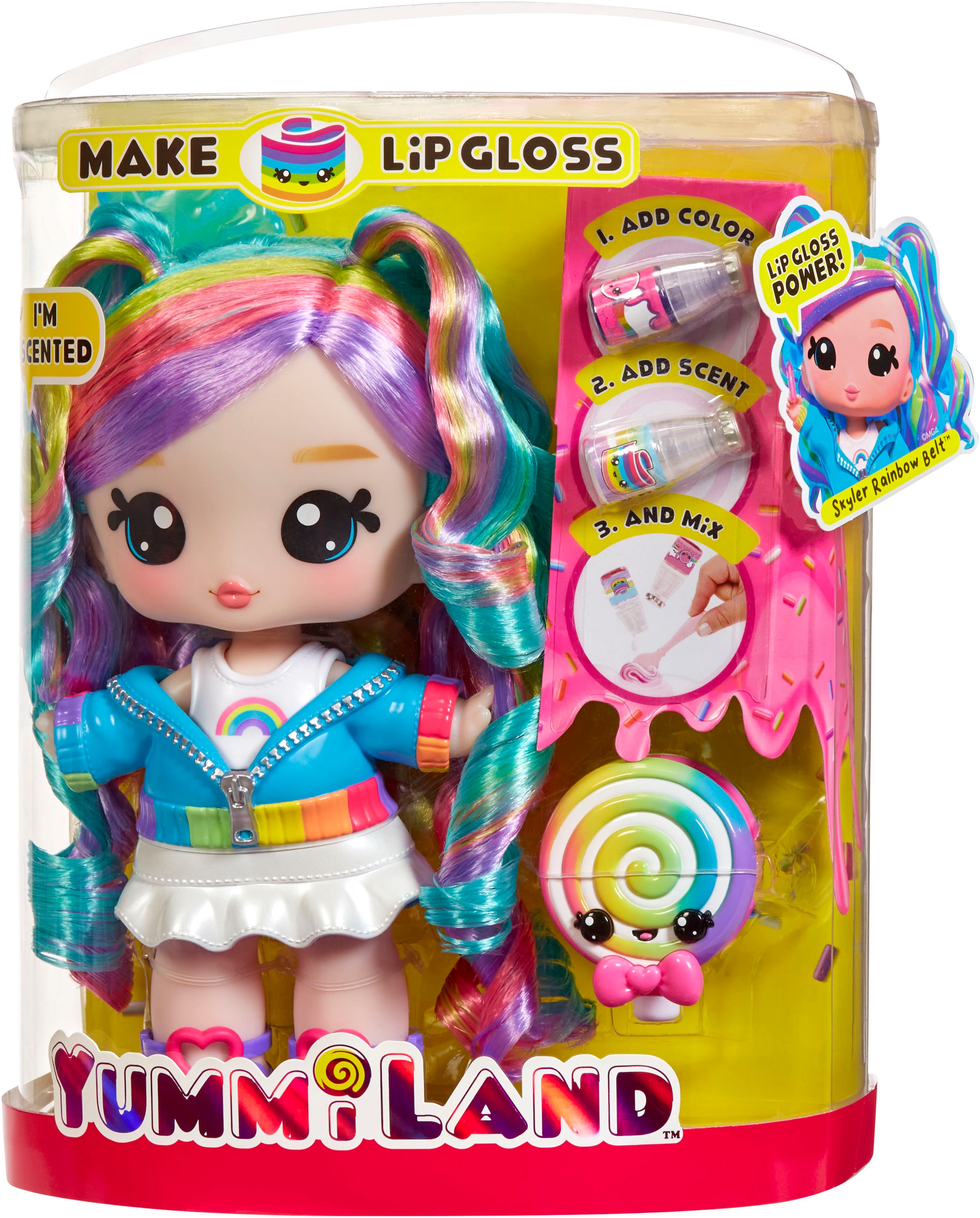 Anziehpuppe »Yummiland Large Doll + Lip Gloss Pet- Rainbow (Skyler Rainbow Belt)«, duftend
