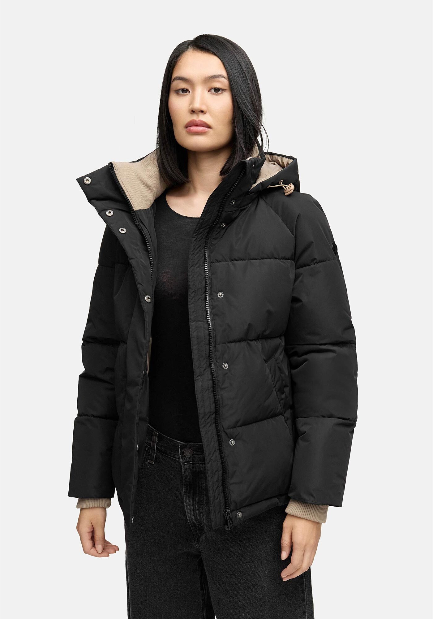 Winterjacke MARIKOO "Omariaa", Damen, Gr. L, schwarz, Obermaterial: 100% Polyester; Futter: 100% Polyester; Wattierung: 100% Polyester; Ärmelfutter: 100% Polyester, Jacken Winterjacke, mit abnehmbarer Kapuze und hochschließendem Kragen