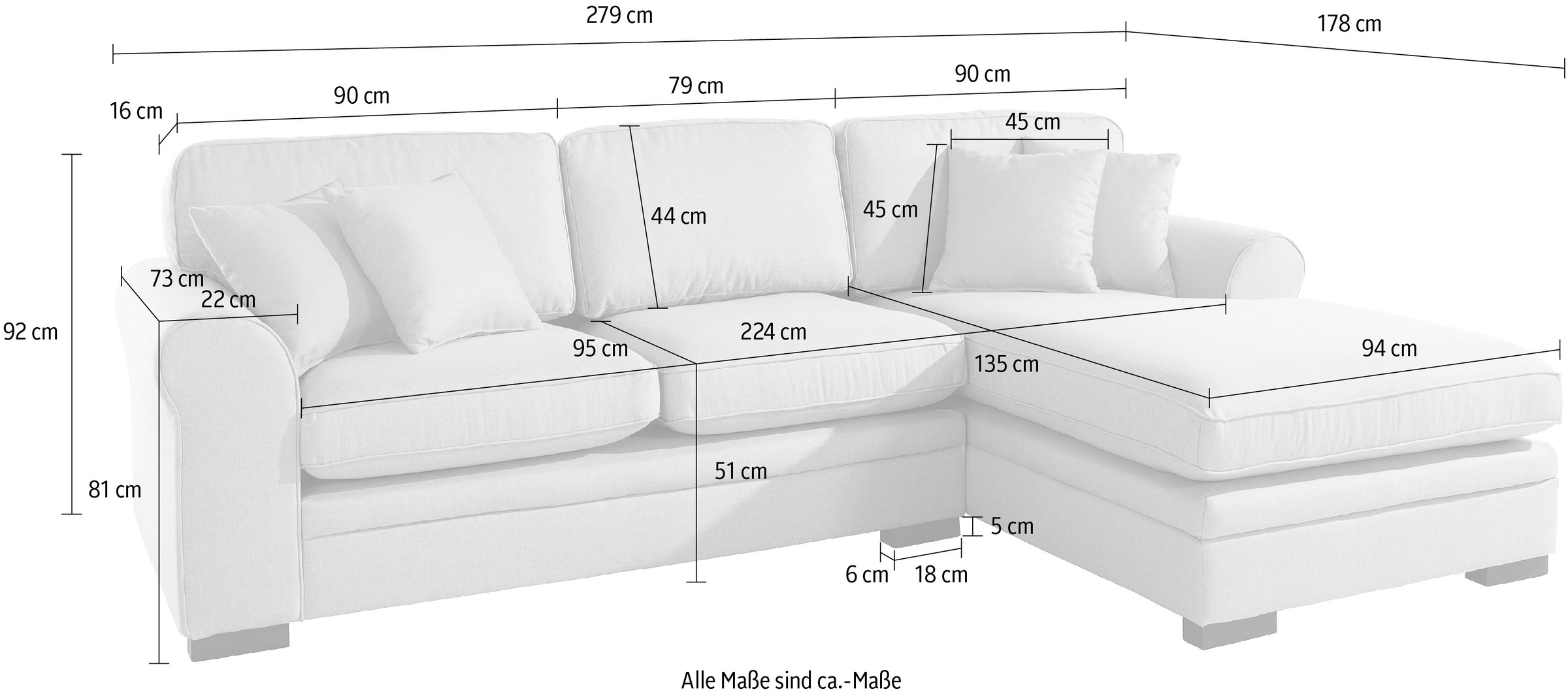 Home affaire Ecksofa »Broughton L-Form«, weicher Sitzkomfort, incl. 4 Zierkissen, Keder