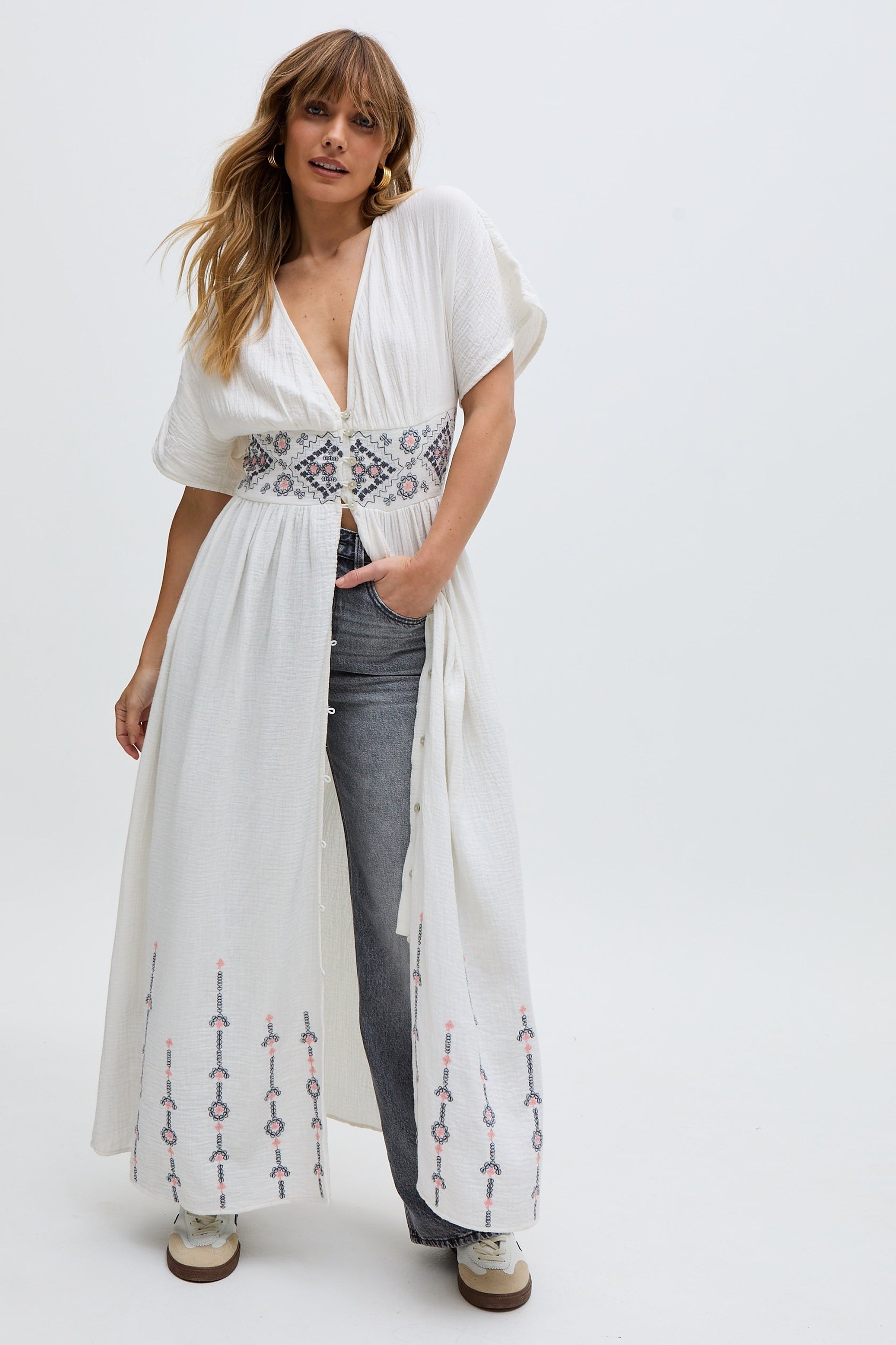 RAFFYA Midikleid »Sally Ann Button Down Embroidery Maxi Dress Damen«