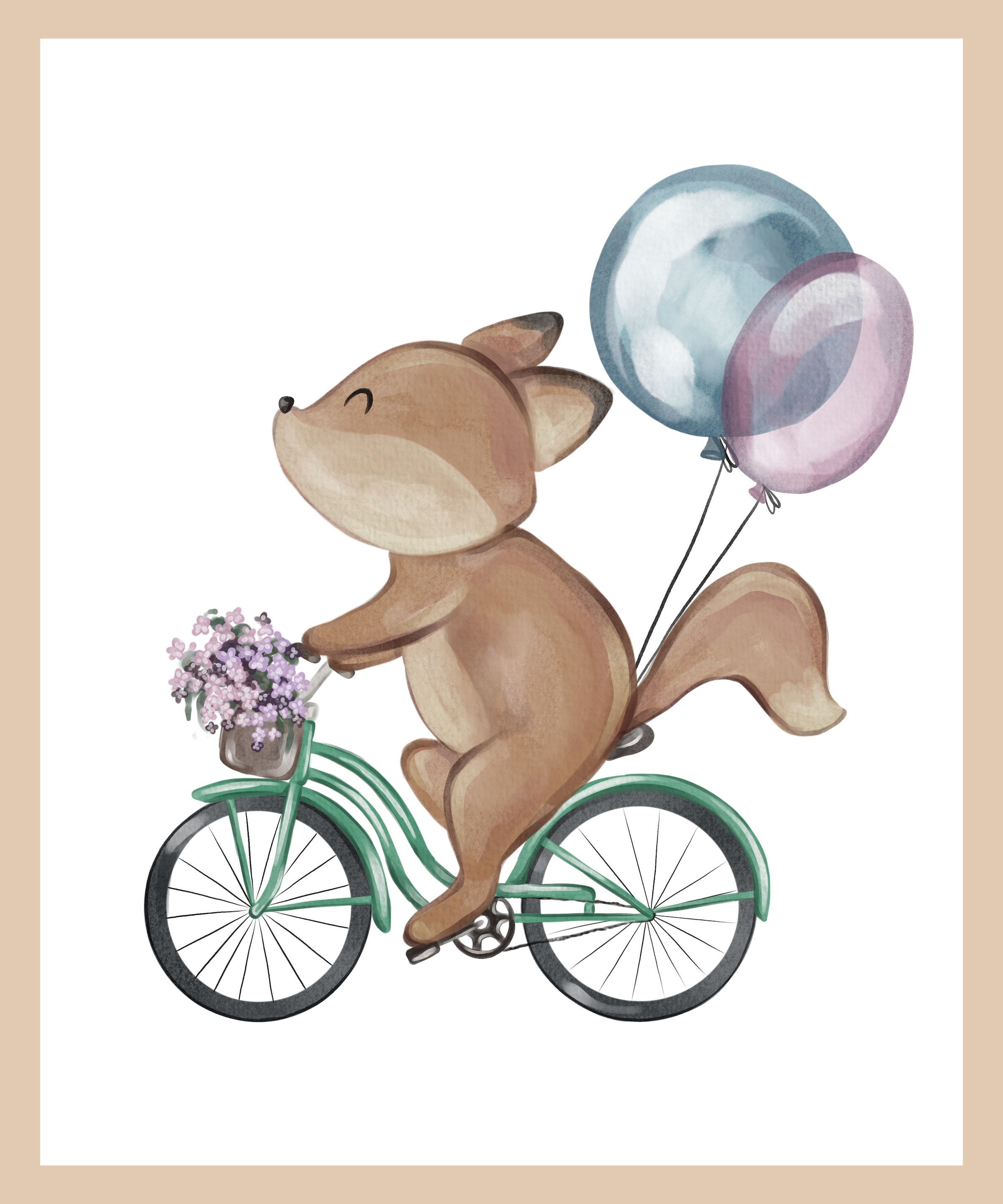 Lüttenhütt Bild mit Rahmen »Blumenkorb und Luftballons«, Eichhörnchen-Fahrräder-Fahrzeuge-Fantasy-Luftballon-Tiere, (1 St.), Premium Rahmenbild, Motive in wunderschönen Pastelltönen