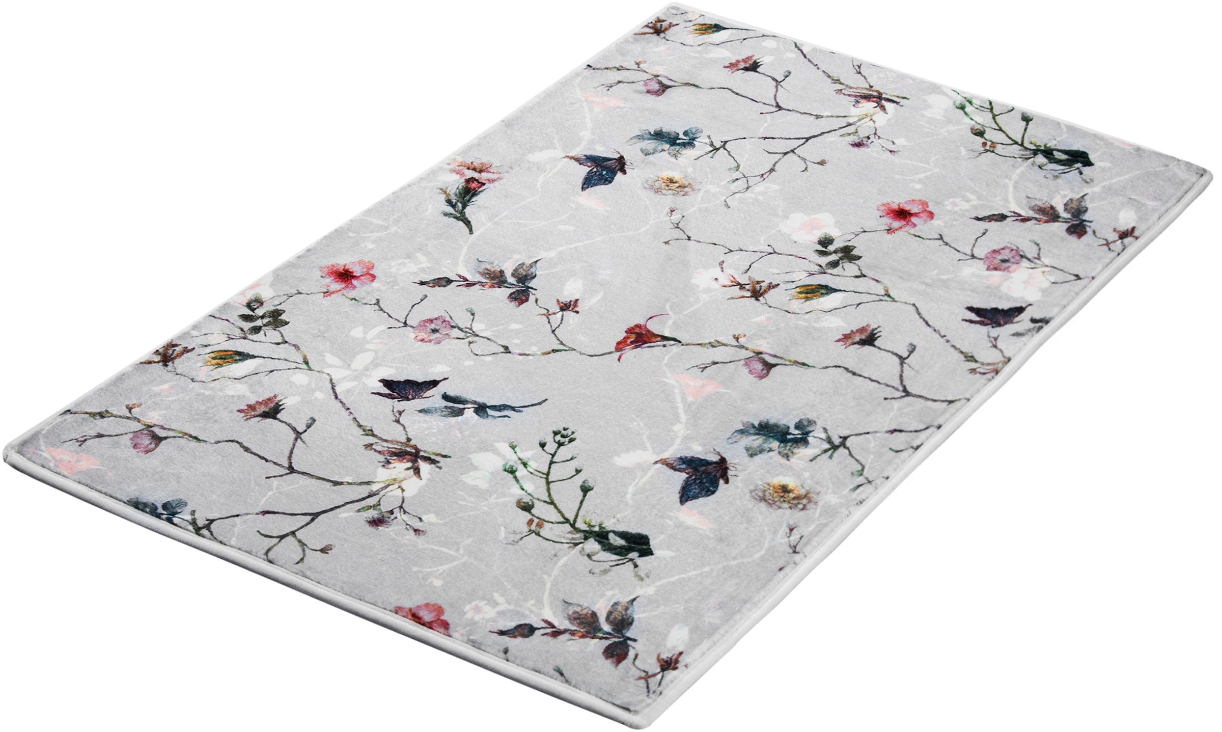 Kleine Wolke "Flores, Badvorleger, Badezimmer Teppich" Höhe 5 mm rutschhemmend beschichtet fußbodenheizungsgeeignet romantisch verspieltes Design mit Blumen und Schmetterlingen