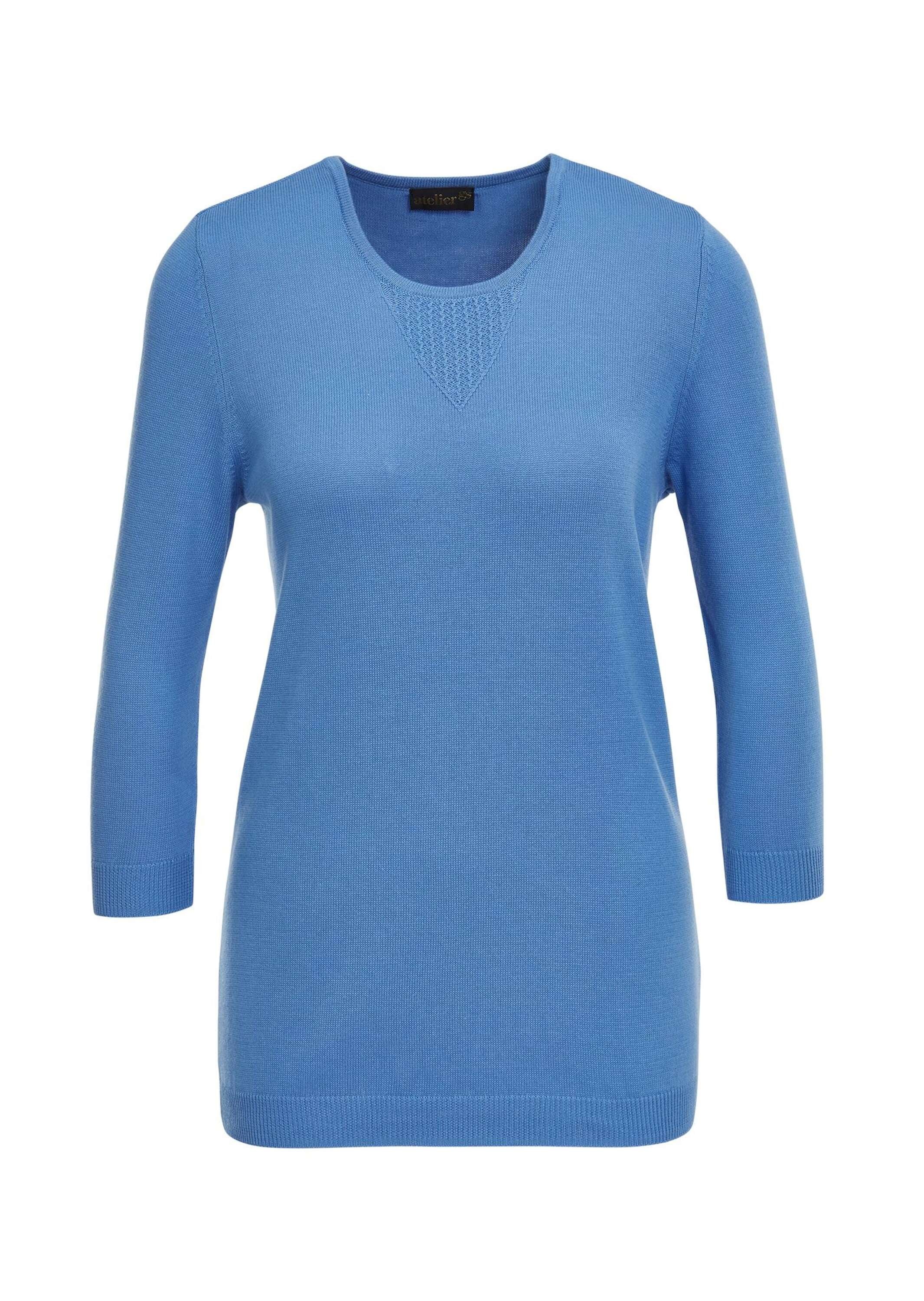 3/4 Arm-Pullover GOLDNER "Sommerlicher Strickpullover mit Ajourmuster", Damen, Gr. 40, blau (jeansblau), Obermaterial: 50% Baumwolle CO. 50% Polyacryl PAN., normal, Sonstiges, Pullover, Ohne