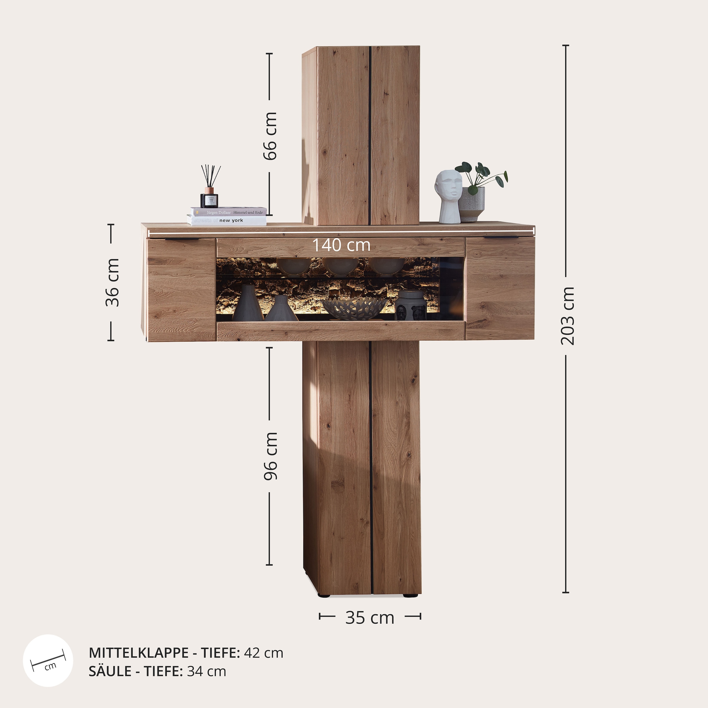 Wohnconcept Stauraumvitrine »Donna Stauraum-Säule, 140x203x42 (BxHxT)« 1 Stk. tlg. Beleuchtung bestellbar, 2 türig, Echtkork Absetzung, L/R verwendbar