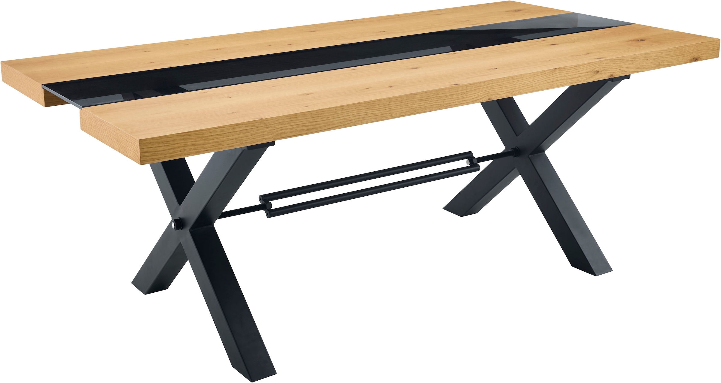 OTTO home Esstisch »TRAPANI« 1 Stk. tlg. 3-tlg. Platte, Rauchglaseinlage, X-Gestell Metall, Echtholz furniert