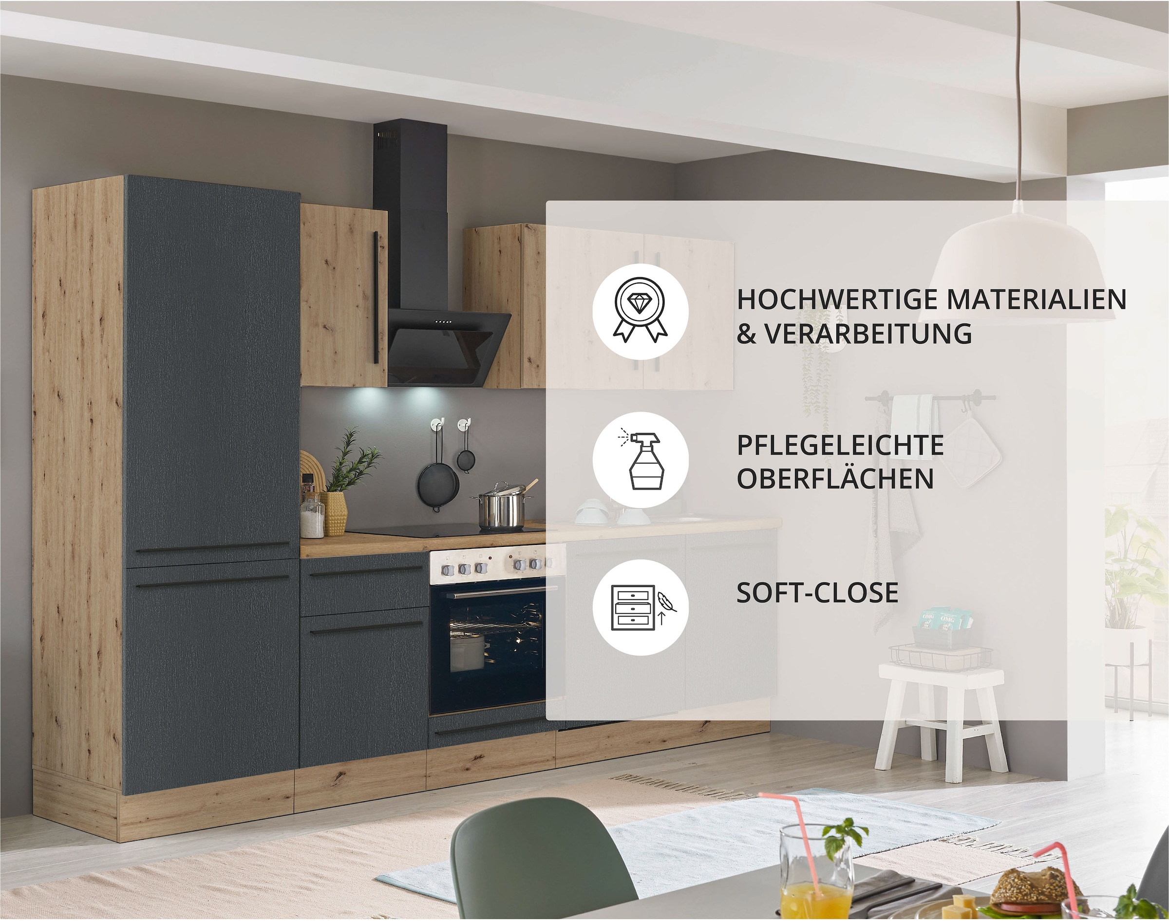 KOCHSTATION Küchenzeile »KS-Florida mit 38mm starker Arbeitsplatte«, Breite 280 cm, wahlweise mit E-Geräten, Soft-Close-Funktion