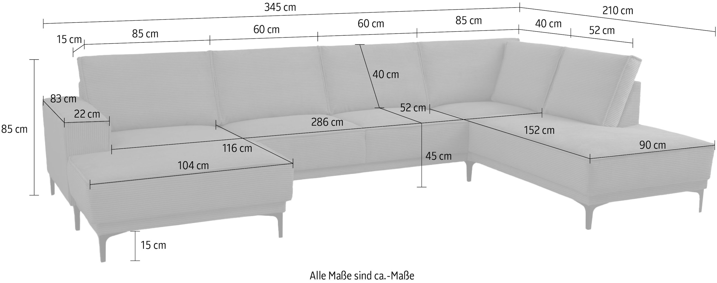 OTTO home Wohnlandschaft »OLAND Cord U-Form, XXL, B: 345 cm, Skandi-Design« U-Form, 345 cm, Wellenunterfederung, Skandi-Design, Metallfüße