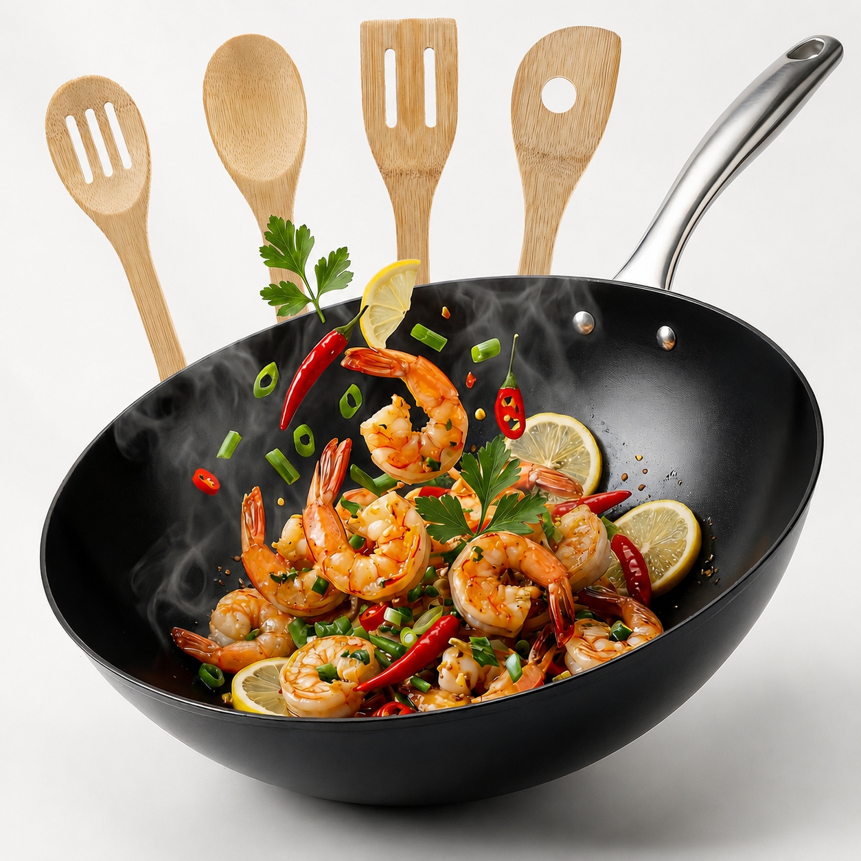 Cosy & Trendy Wok "Fusion Pro Wokpfanne Ø 30 cm" Karbon-Stahl Set, 5 tlg. Keramikbeschichtung und Bambusspateln, für alle Herdarten