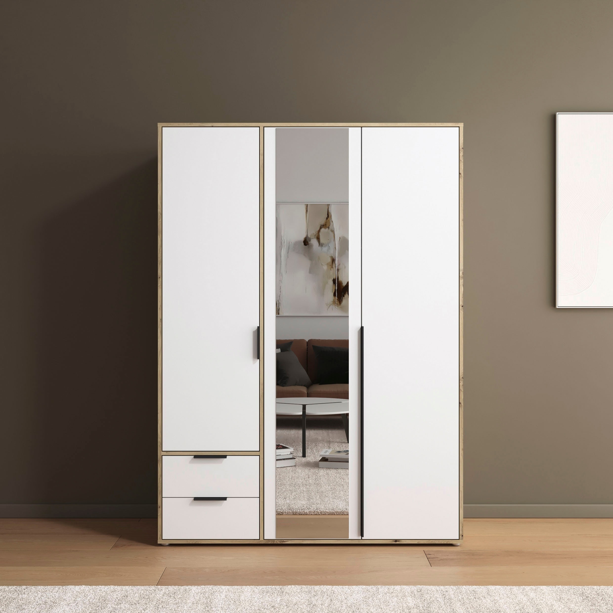 rauch "Kleiderschrank Schrank Garderobe Wäscheschrank NAGATA mit Spiegel" in 3 verschiedenen Ausstattungen BASIC/CLASSIC/PREMIUM, und Schubladen sowie Stangengriffen TOPSELLER MADE IN GERMANY