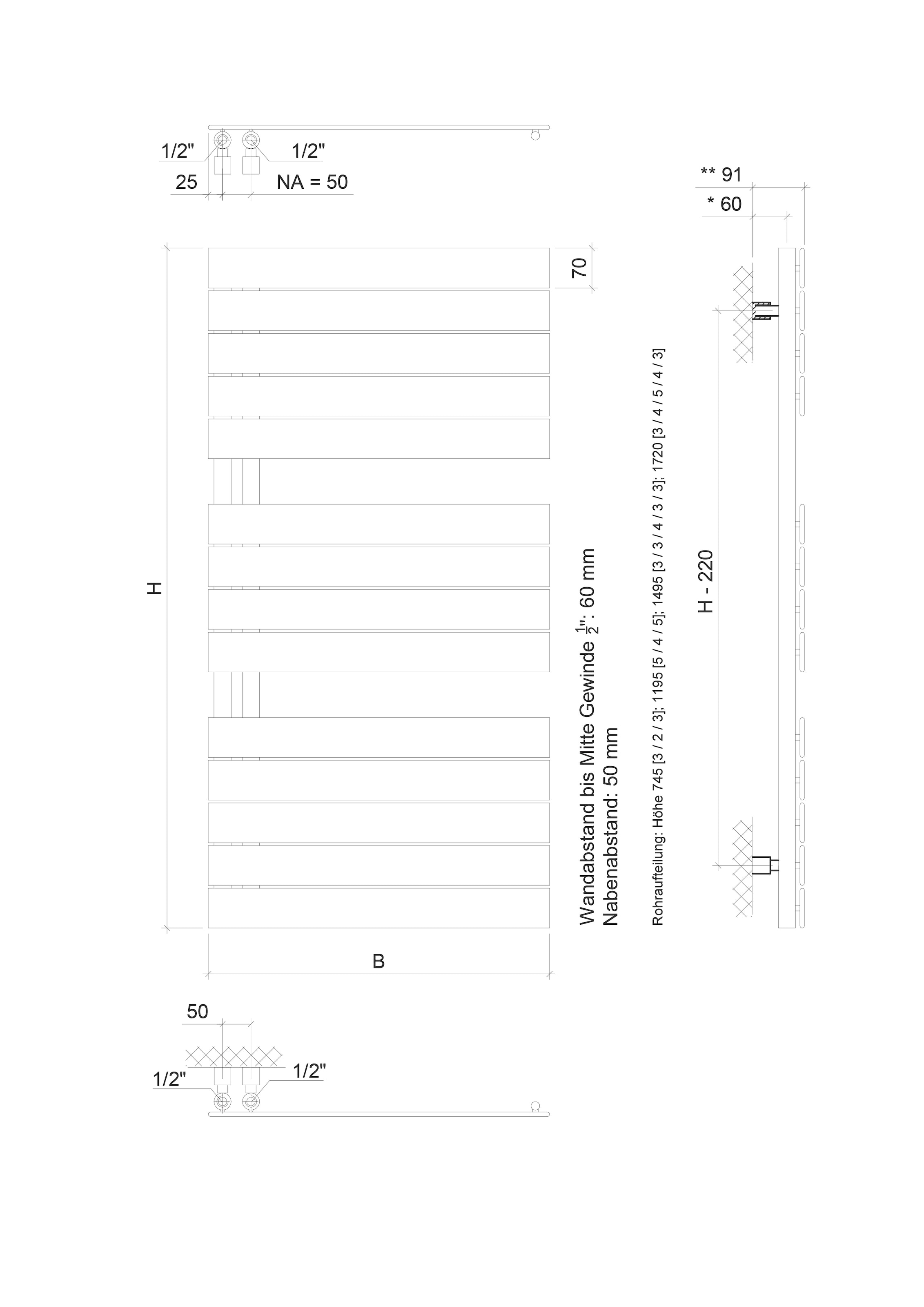 Ximax Badheizkörper »P2-Open 1720 mm x 600 mm«, 1009 Watt, 50 mm Anschluss, weiß