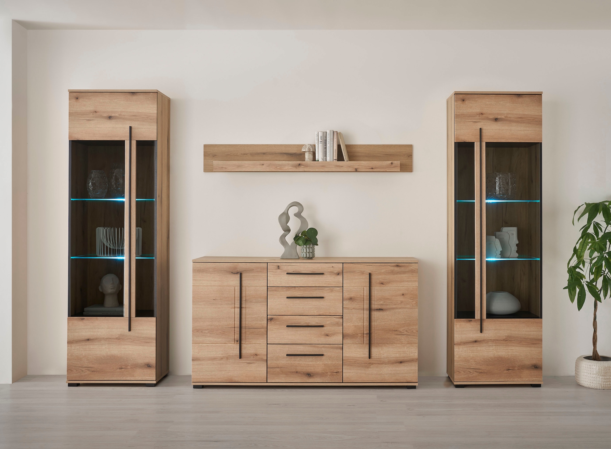 Wohnwand HOME AFFAIRE, B:290cm H:270cm T:42cm, braun, Holzwerkstoff, Wohnzimmer, Kastenmöbel-Sets, "Cantara, Anbauwand, Wohnzimmer-Set, in Eiche