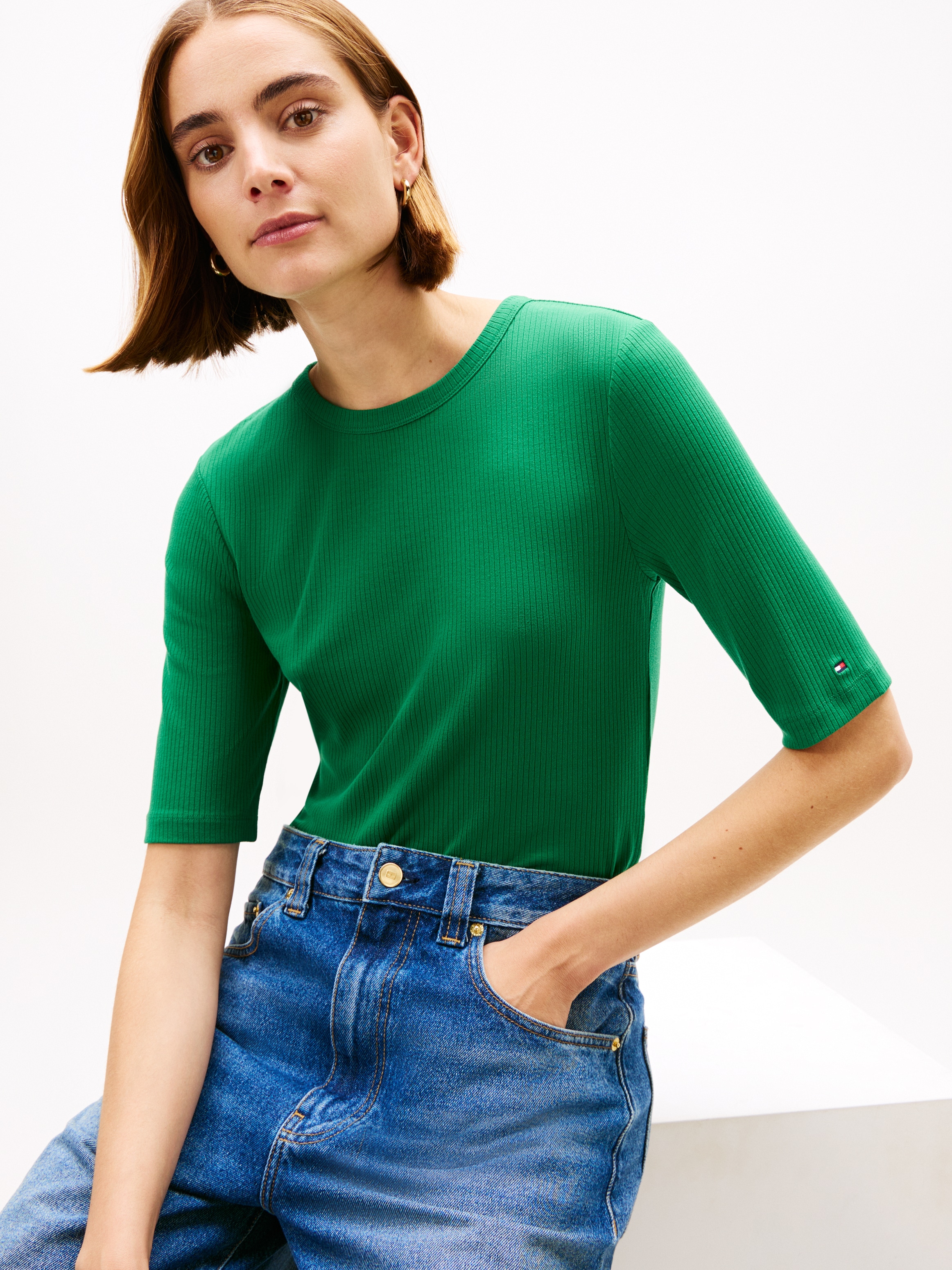 Tommy Hilfiger Kurzarmshirt »SLIM 5X2 RIB C-NK 1/2 SLV mit Rundhals und Rippstruktur« unifarben, casual, slim fit, Viskosemix, Rundhals
