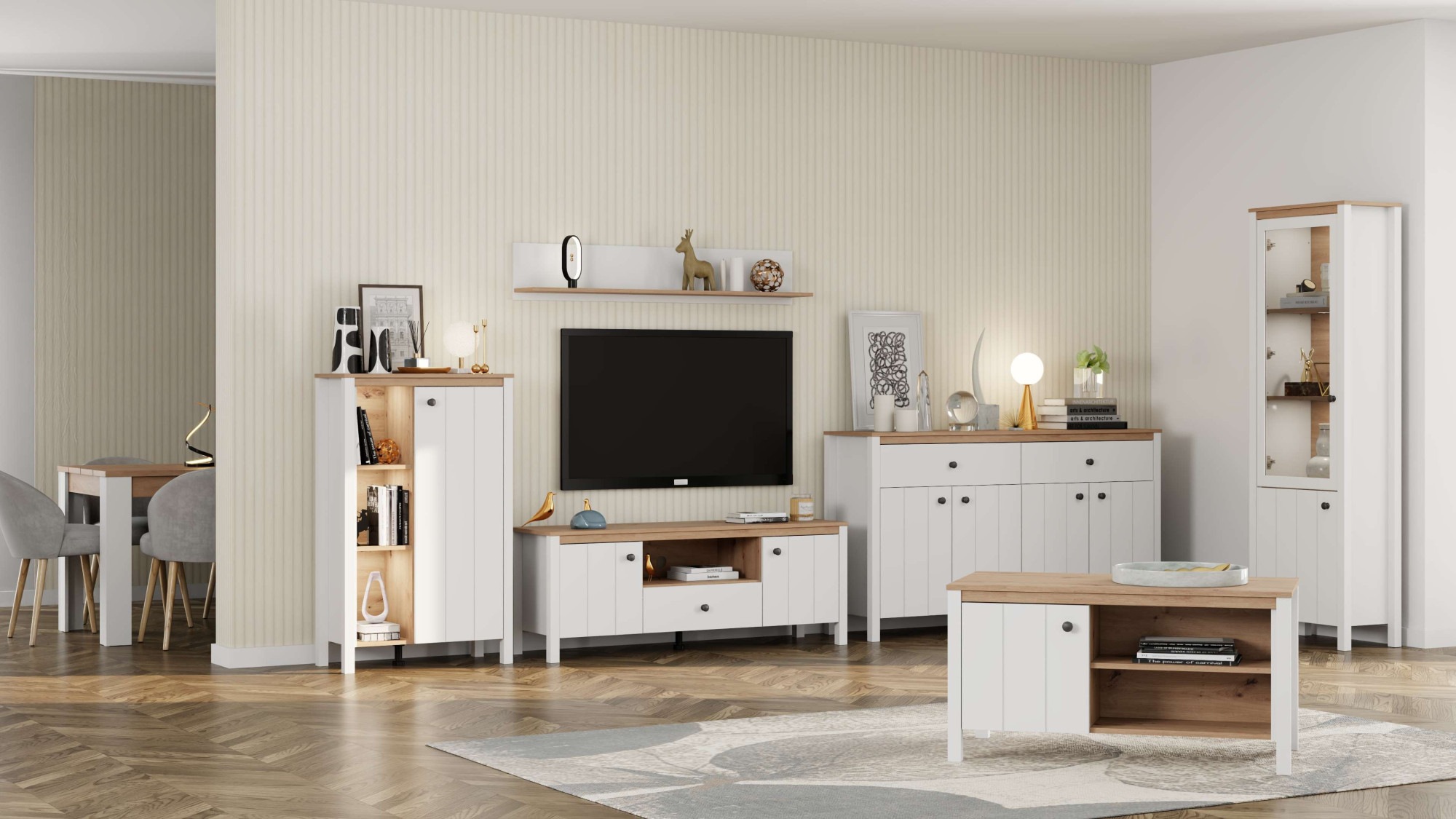 Home affaire Vitrine »BEDFORD Vitrinenschrank, Glasschrank, Standvitrine, Highboard« MDF-Profil 2D ummantelt, Hotstamping, 1mm ABS-Kanten, 4 Einlegeböden