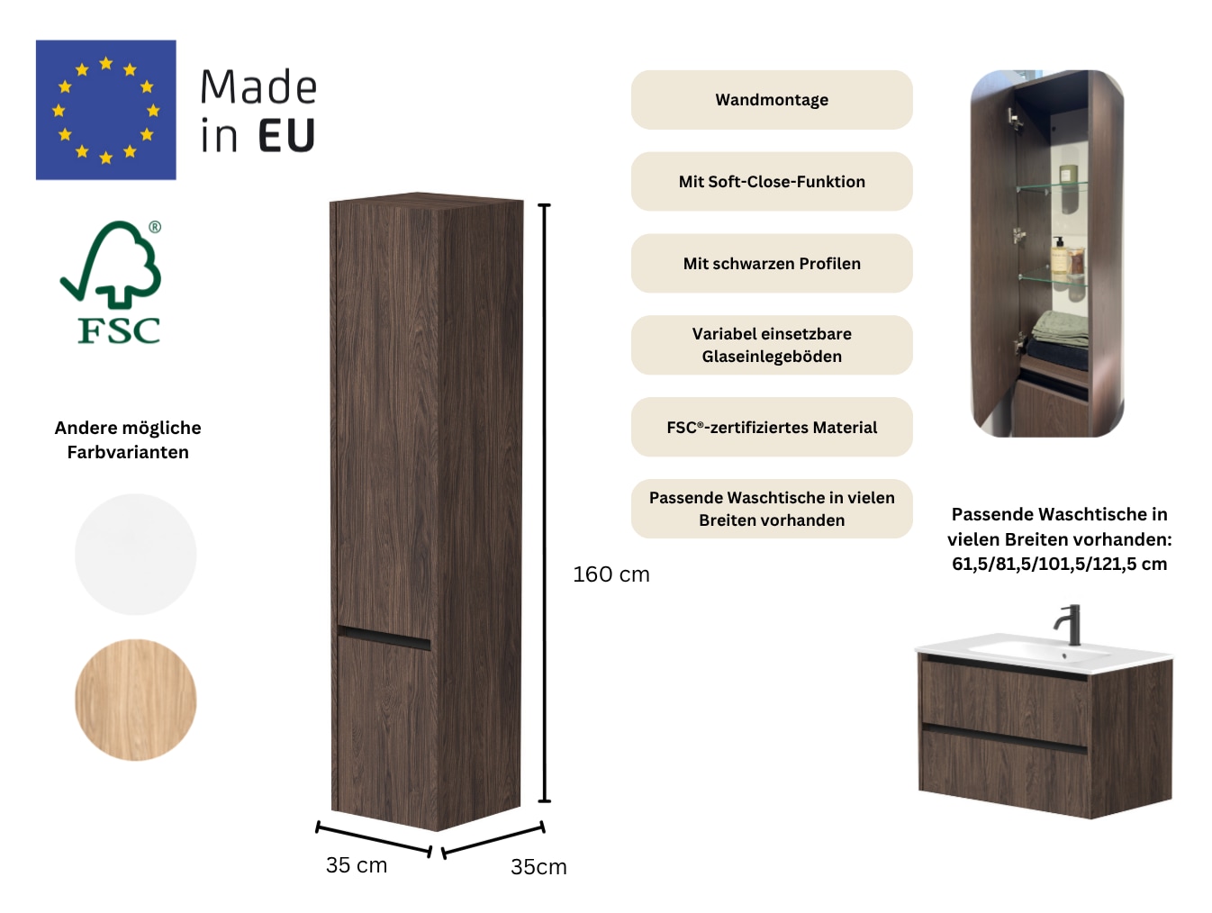 welltime Hochschrank »City, Badezimmerschrank, Badschrank, Badezimmermöbel« (B/T/H: 35/35/160 cm),  Breite 35 cm, Höhe 160 cm, FSC® zertifiziert, made in EU