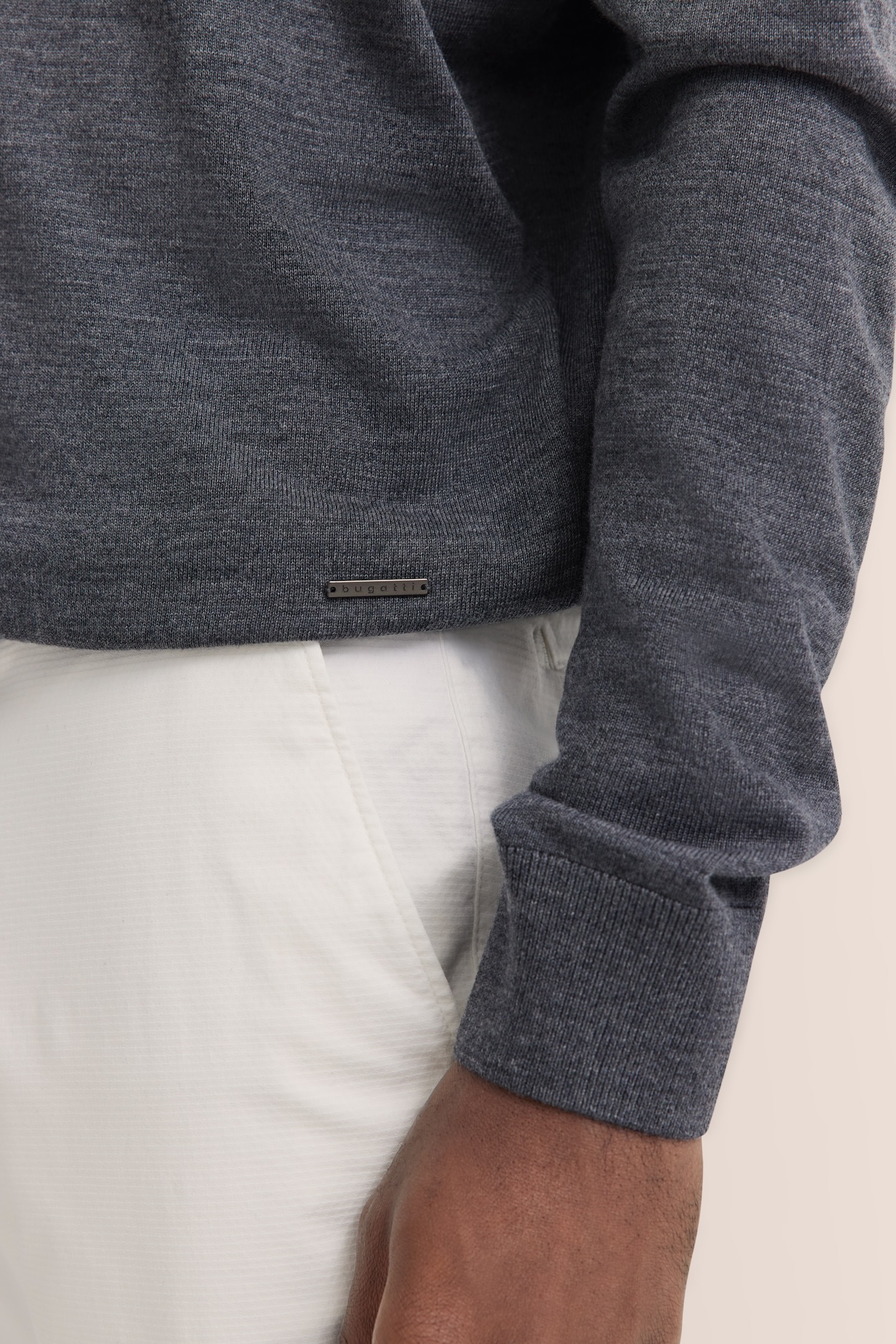 Rundhalspullover BUGATTI, Herren, Gr. L, grau (dunkelgrau), 100% Wolle, regular fit, V-Ausschnitt, Rippbündchen, Pullover Rundhalspullover, aus feiner Merinowolle 3