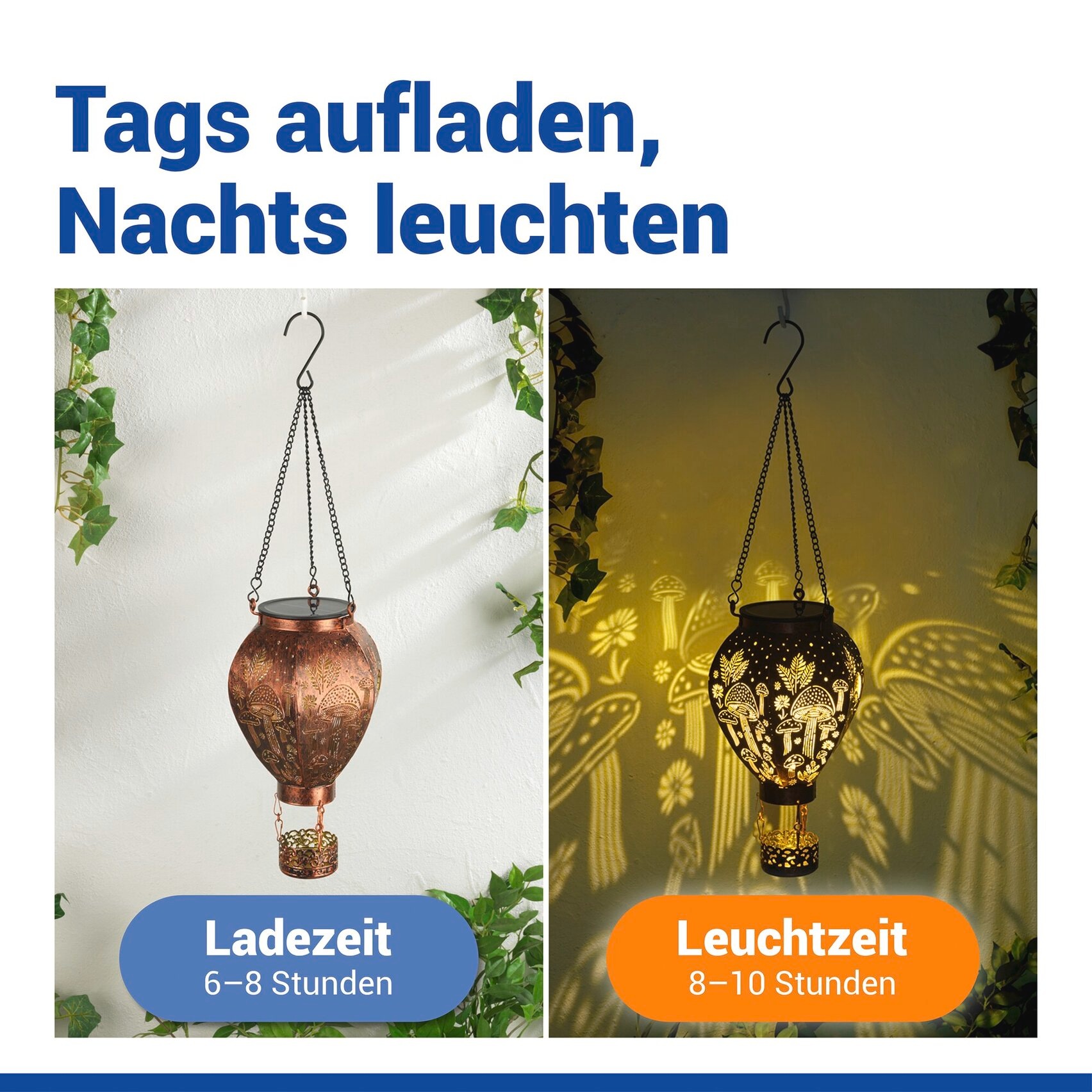 Thumbnail - Maximex LED Gartenleuchte "Modell Heißluftballon" Warmweiß Solar-Ballon in Bronze-Optik mit Pilzmuster-Lichtprojektion