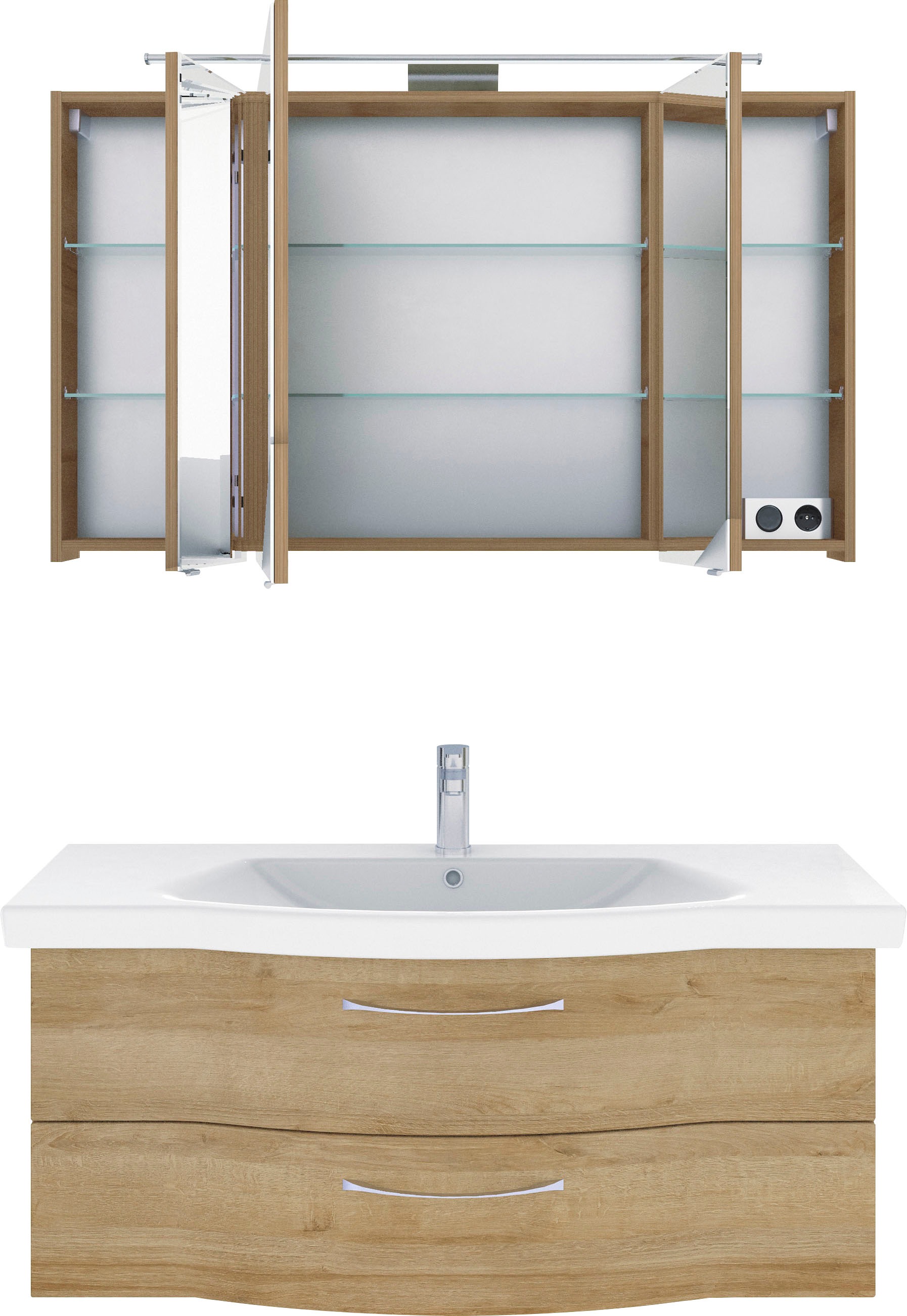 Saphir Badmöbel-Set »6005 Sprint Keramik-Waschtisch mit LED-Spiegelschrank, 122 cm breit«, (2 St.), Waschplatz inkl. Türdämpfer, 3 Türen, 2 Schubladen, Waschtisch Set