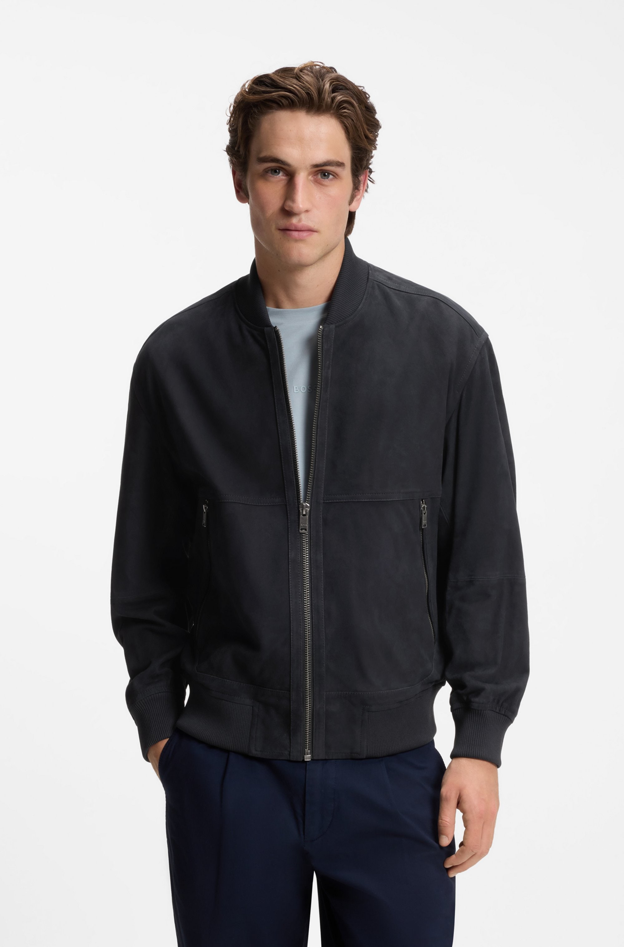 BOSS ORANGE Lederjacke "Jonorve" Weiches Ziegenveloursleder, Relaxed Fit, Rippstrickbündchen