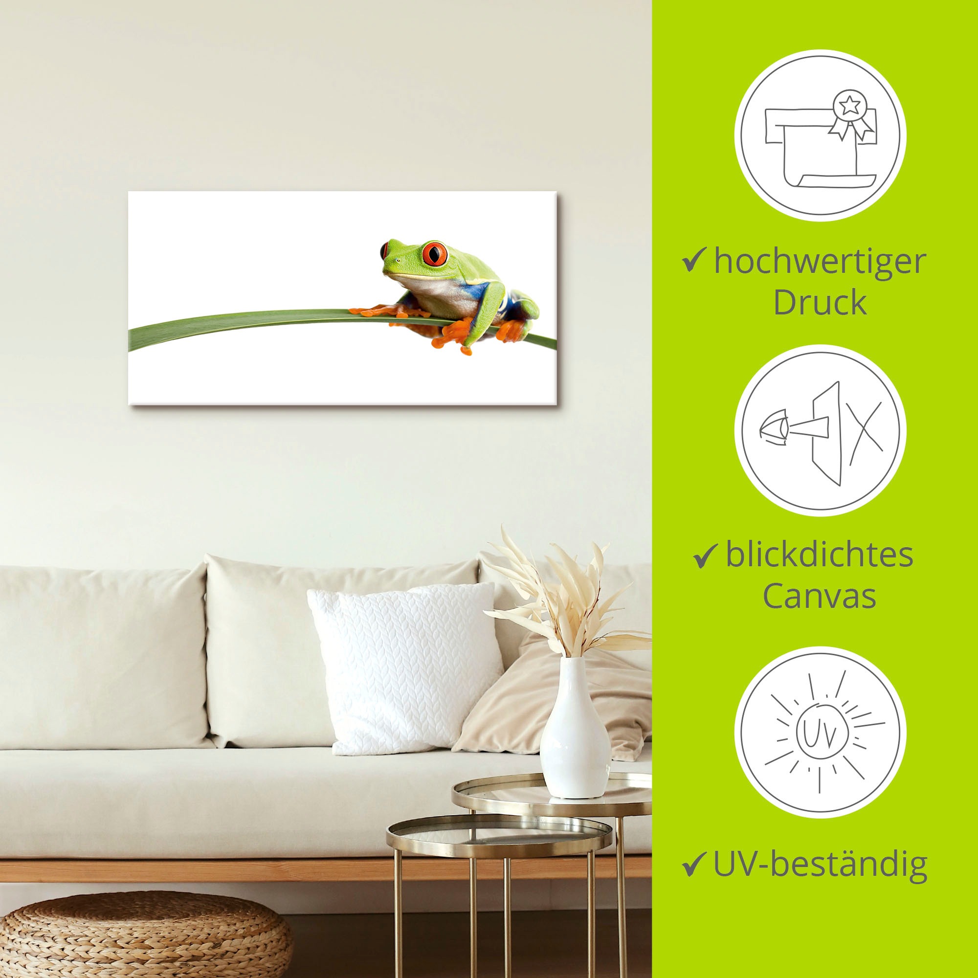 Wandbild ARTLAND "Frosch auf einem Blatt", weiß (farbe bild(er): weiß), B:40cm H:20cm, Bilder, als Leinwandbild, Poster in verschied. Größen 3