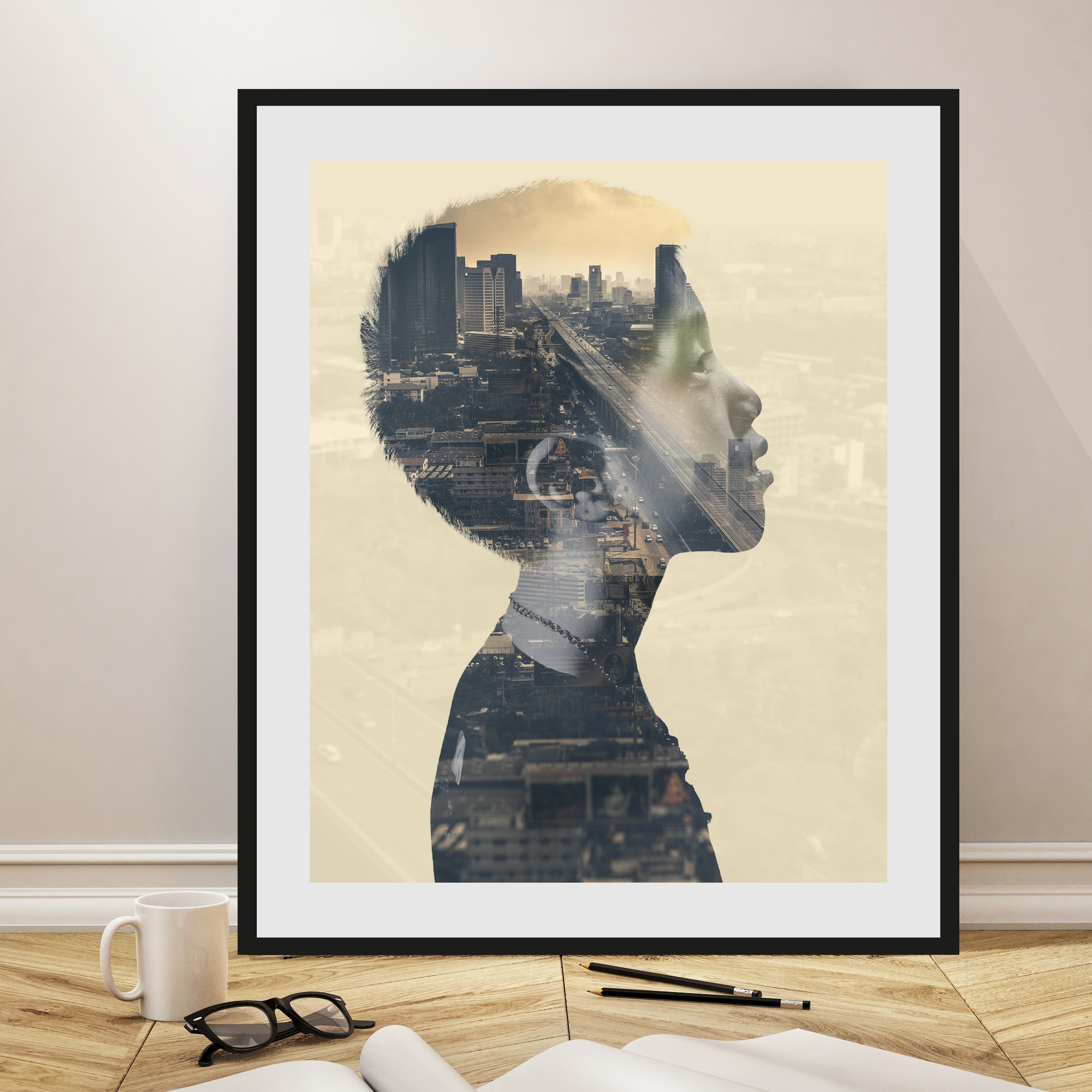 queence Bild »Jong«, Kind-Stadt-Städte-Kunst, HD Premium Poster-Druck inkl. Holzrahmen