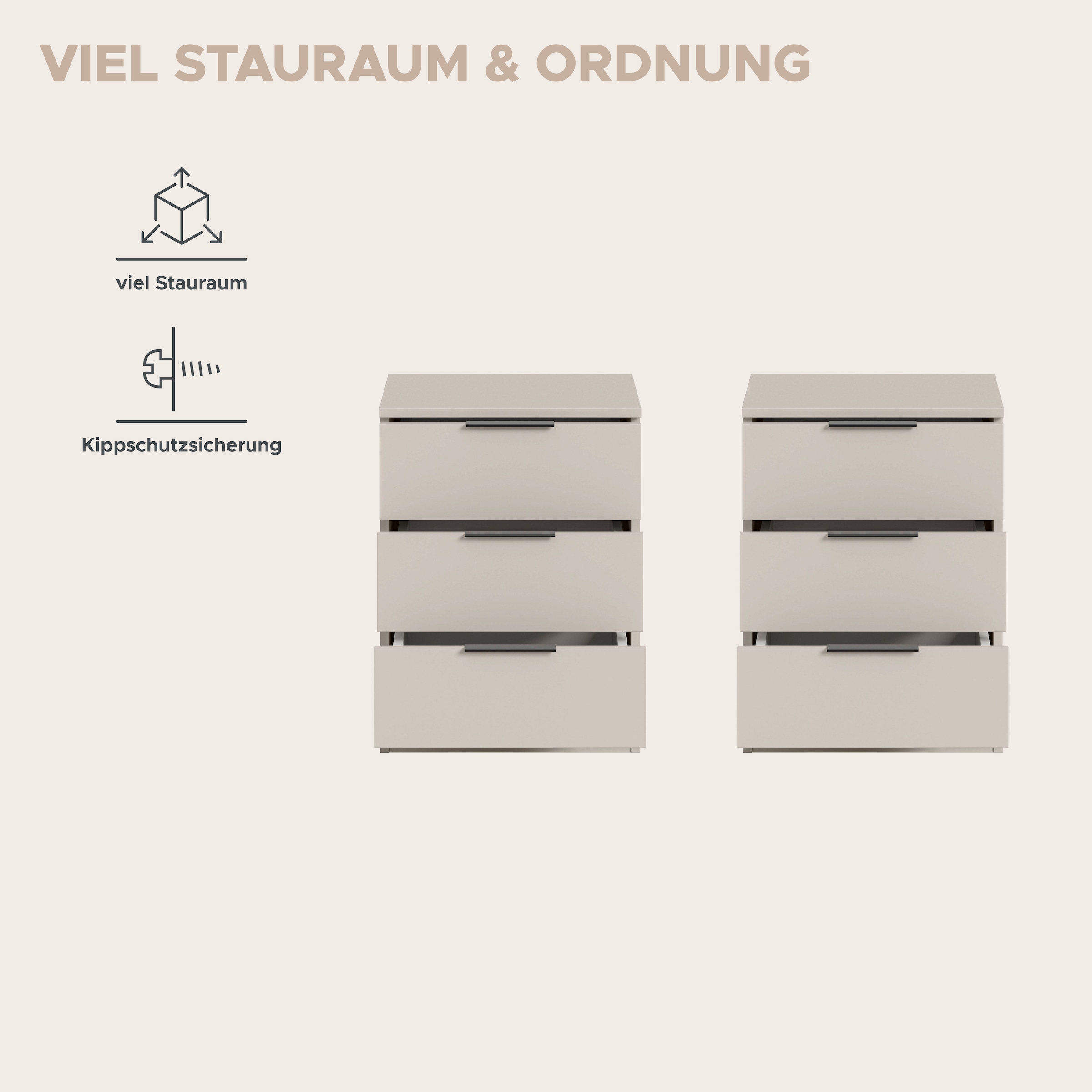 Home affaire Nachtkommode »Skarde 2 Nachttische, jeweils Breite: 45 cm« Set, Sie bekommen 2  Nachttische im Set, 2 Stk. tlg. Skarde, 2er Set Nachtkommoden, 3 Schubkästen, kashmir