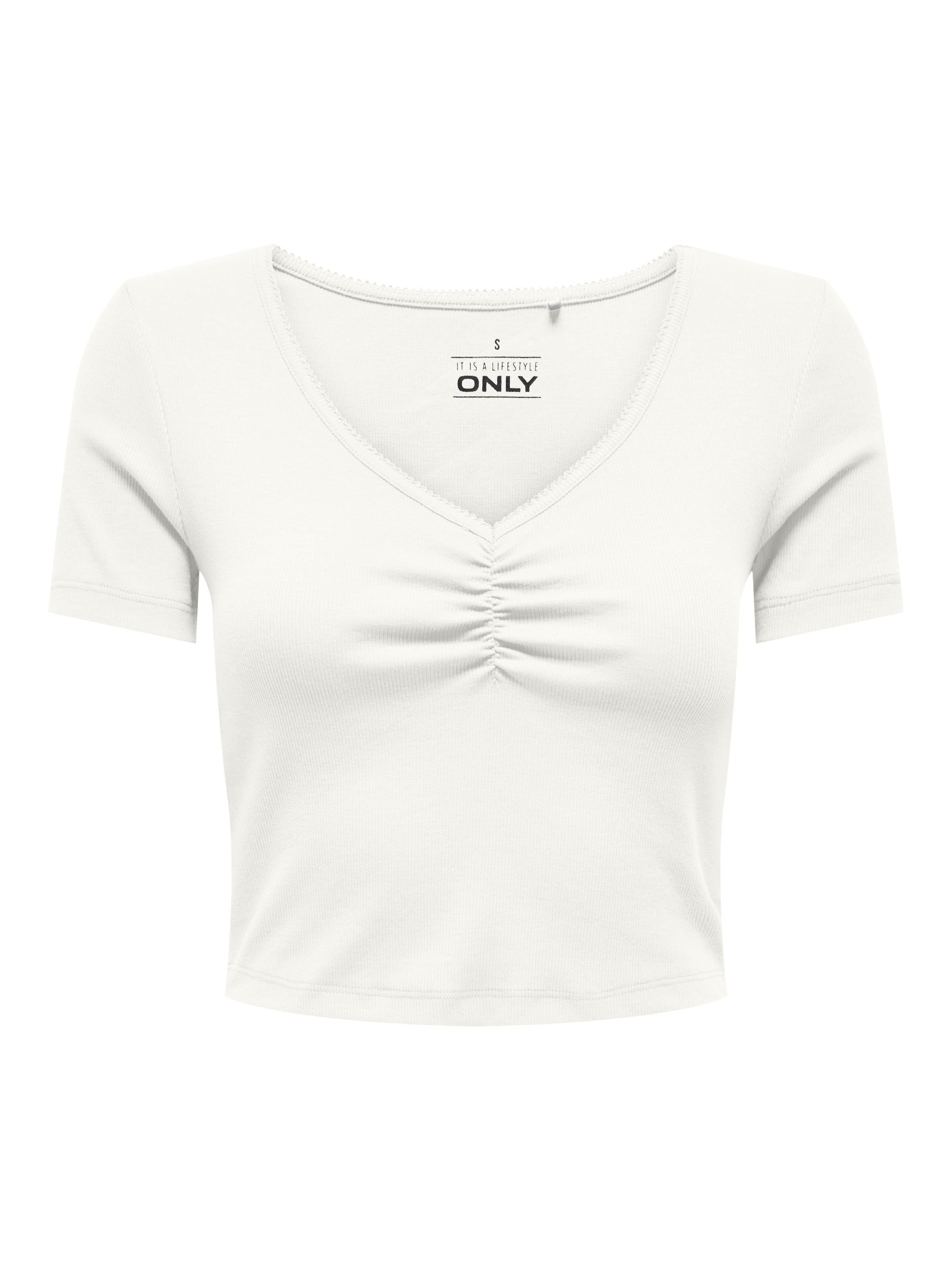 ONLY Kurzarmshirt »ONLBETTY LIFE S/S SCALLOP V-NECK CC JRS« mit Raffung am Ausschnitt