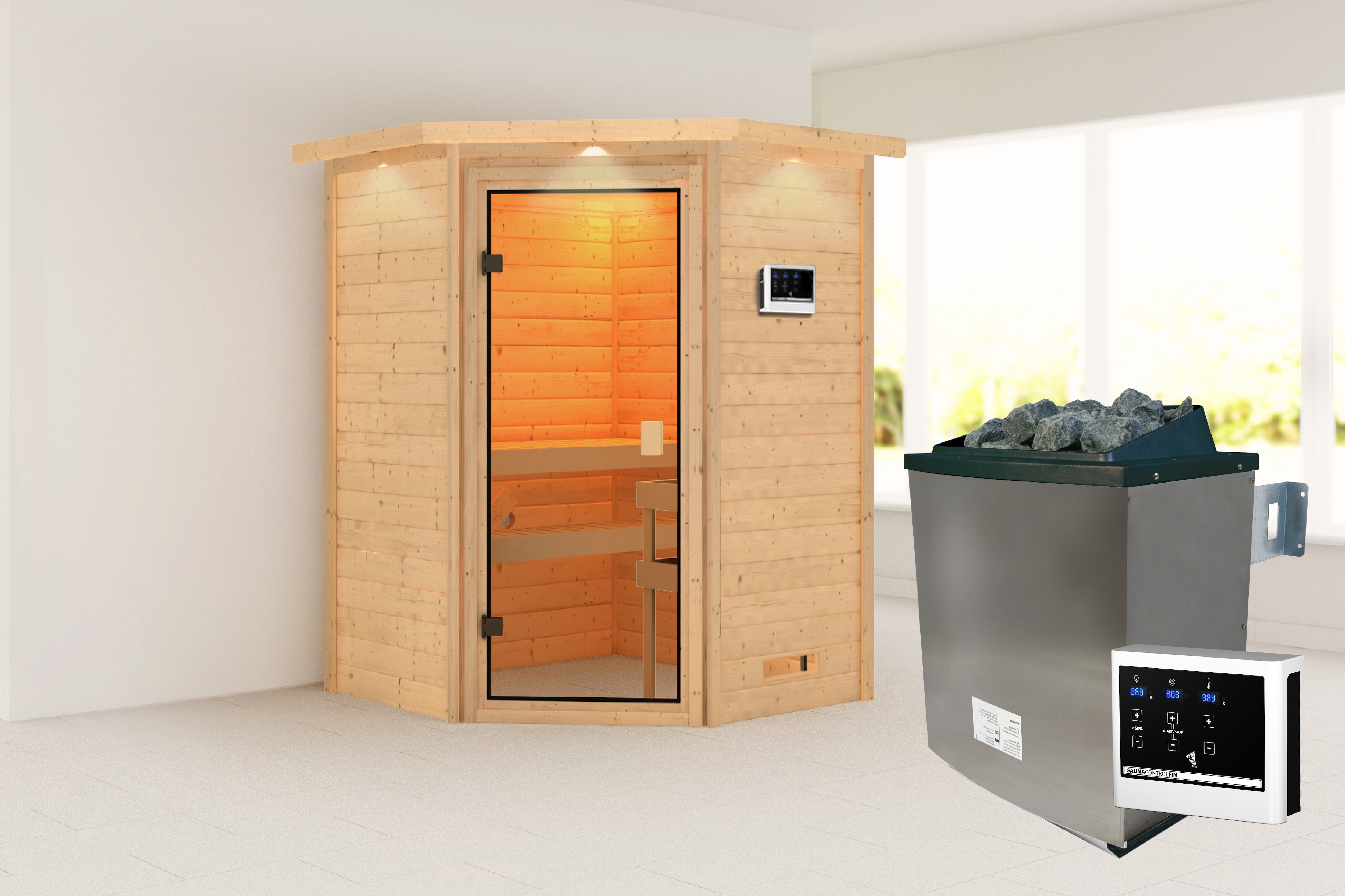 Karibu 1100000002199 ""Anni" mit bronzierter Tür und Kranz SET, naturbelassen, mit Ofen 9 kW" aus hochwertiger nordischer Fichte