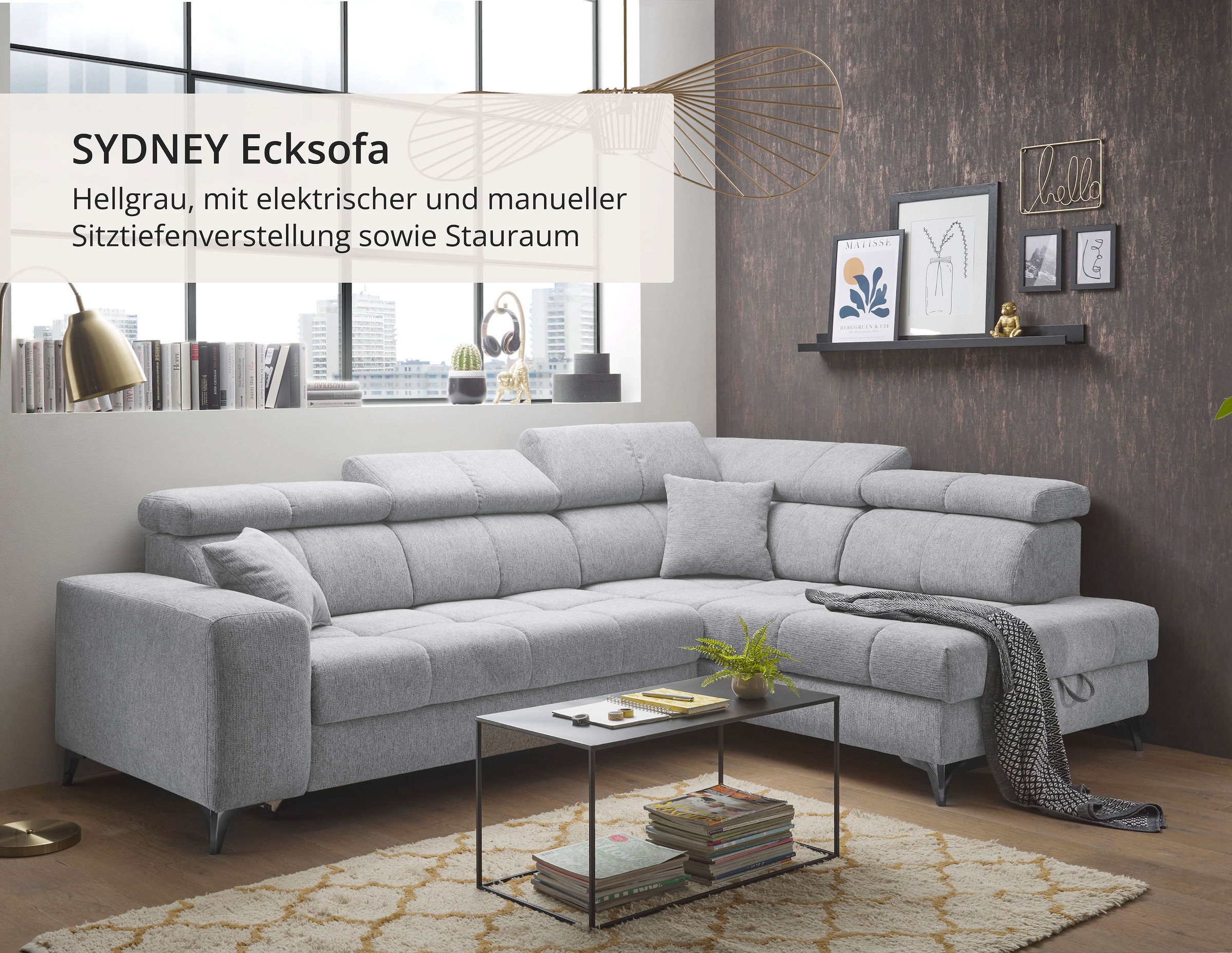ED EXCITING DESIGN Ecksofa »Sydney L-Form« motorischer Sitztiefenverstellung, USB-Port & 2 Zierkissen