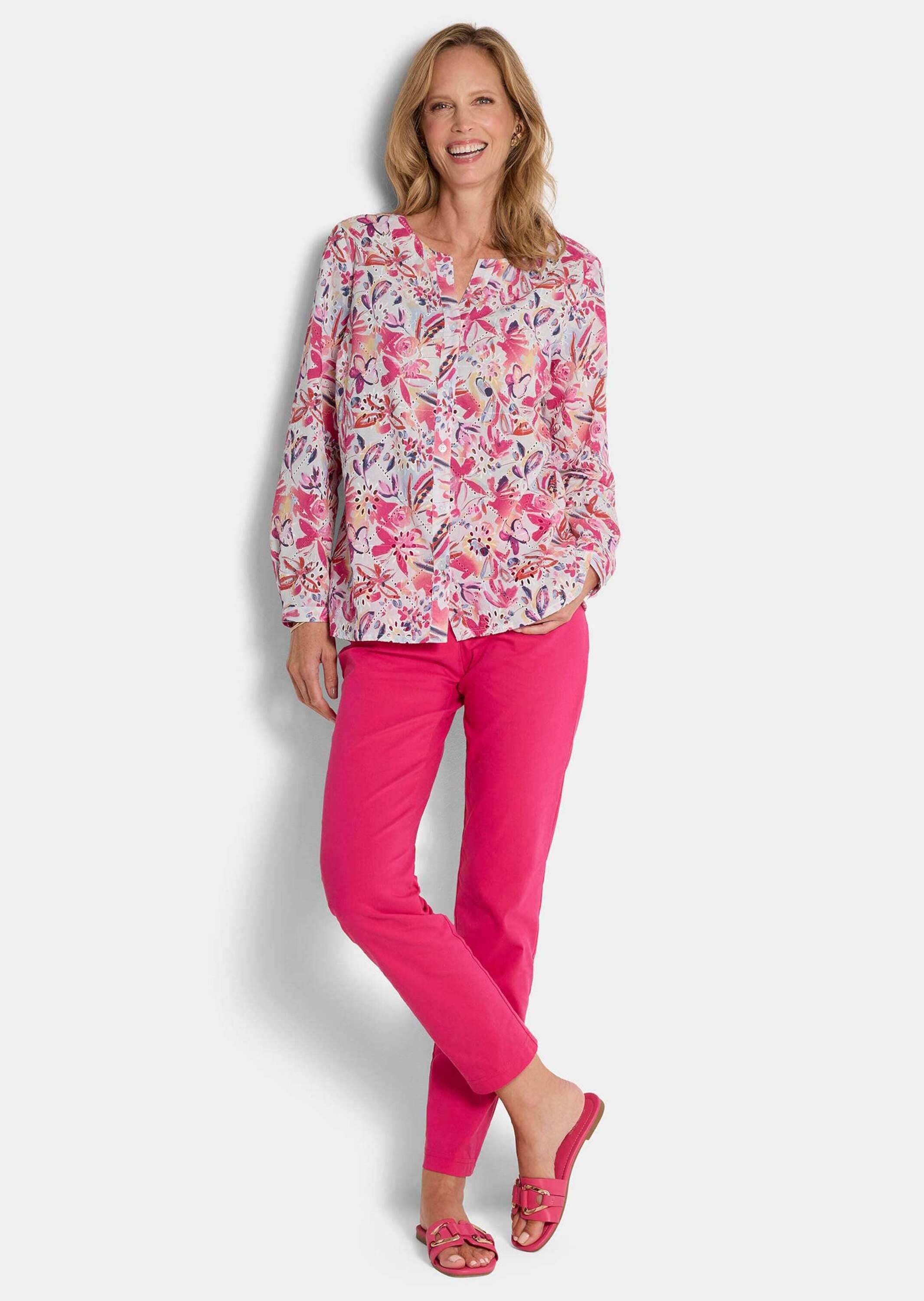 GOLDNER Kurzarmbluse "Druckbluse mit floralem Design" seitliche Schlitze günstig online kaufen