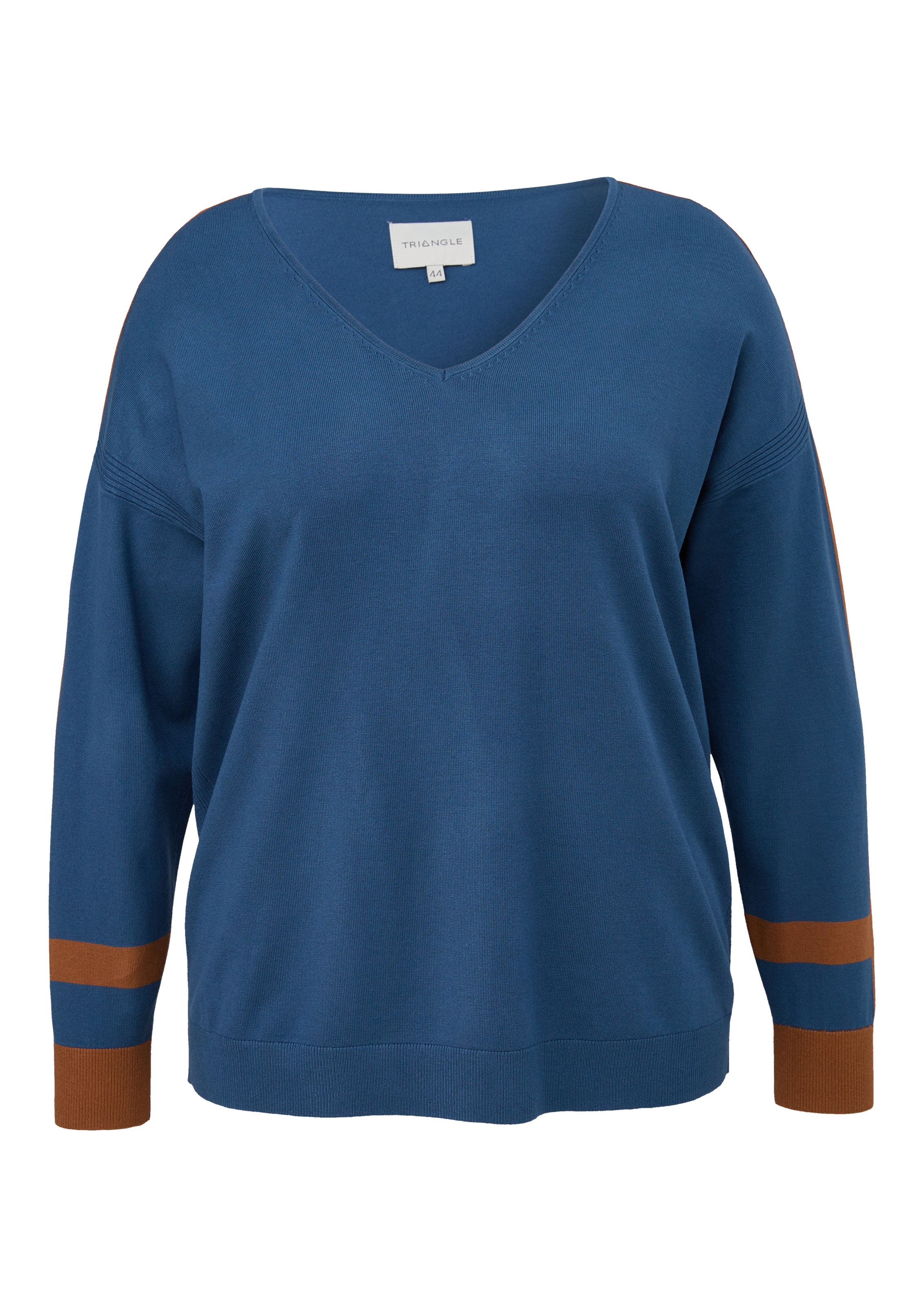 V-Ausschnitt-Pullover, mit mehrfarbigem Ärmelabschluss