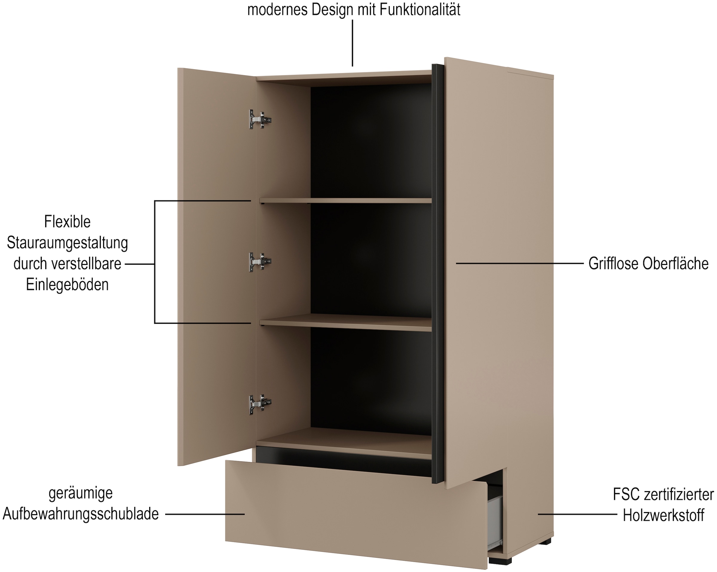 INOSIGN Wäscheschrank »Cross, moderner griffloser Kleiderschrank«, Mehrzweckschrank, Drehtürenschrank mit 1 Schublade, 3 Farben verfügbar