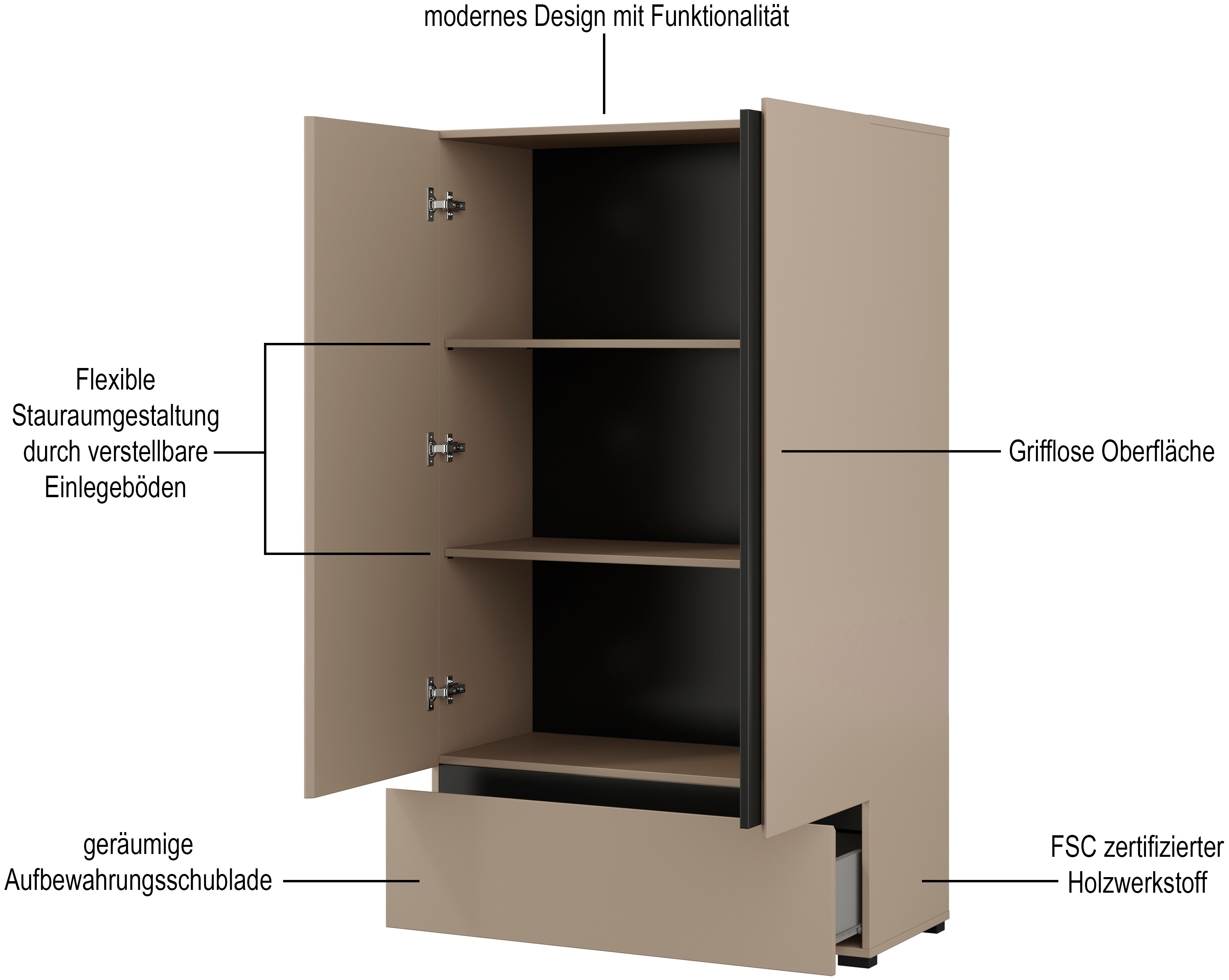 Thumbnail - Home affaire Wäscheschrank "Cross, moderner griffloser Kleiderschrank", Mehrzweckschrank, Drehtürenschrank mit 1 Schubla...