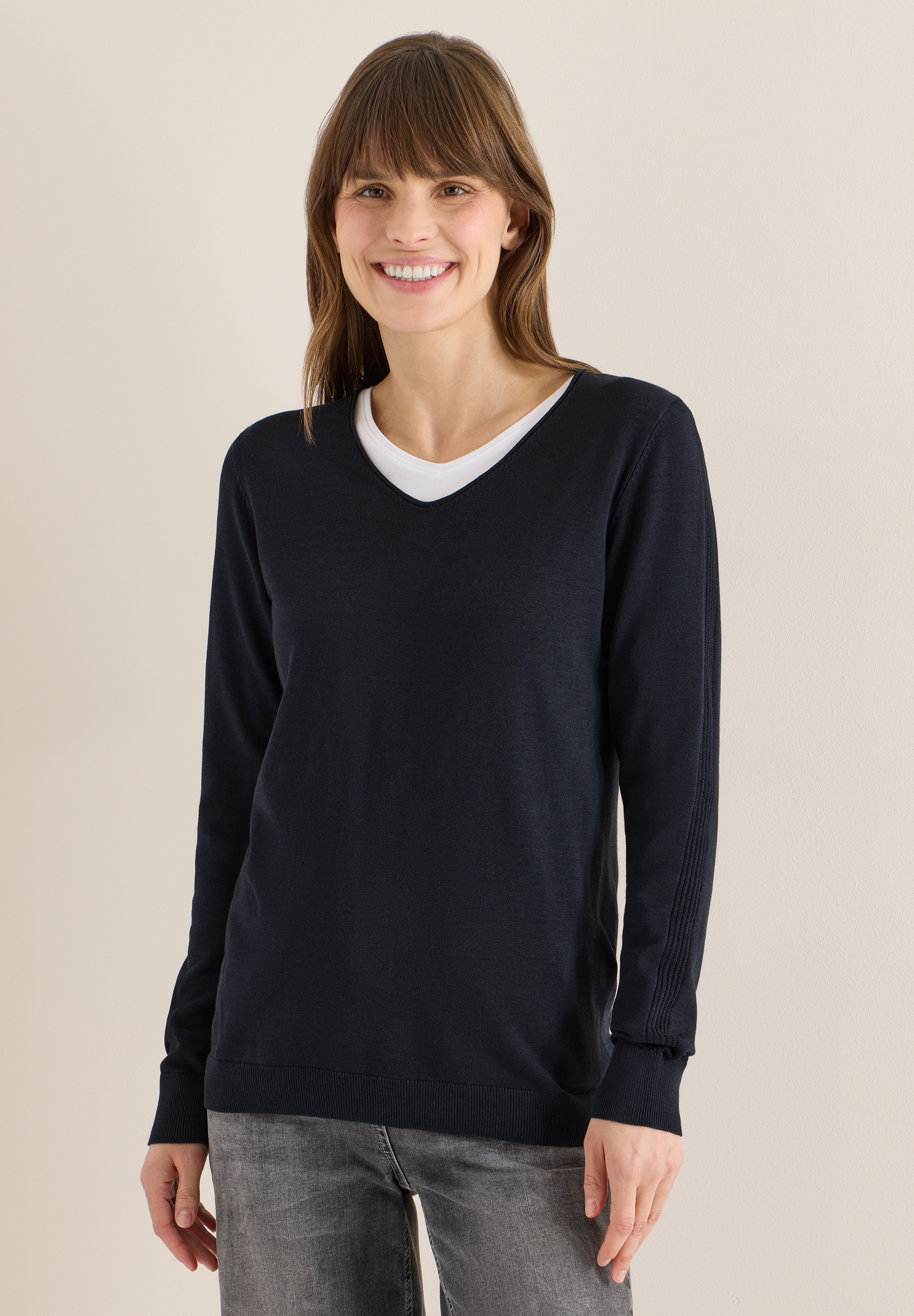 Strickpullover CECIL, Damen, Gr. S (38), universal blau, Web, 60% Baumwolle, 40% Viskose, unifarben, comfort fit normal, V-Ausschnitt, Rippbündchen, Pullover Strickpullover, im soften Baumwoll-Mix