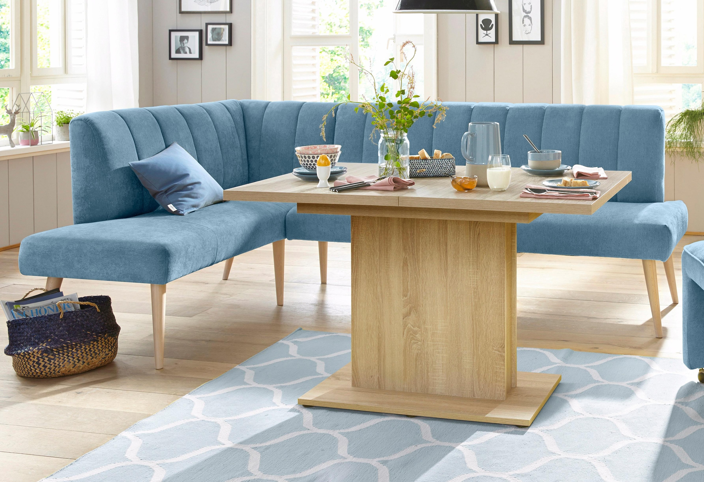 exxpo - sofa fashion Eckbank »Costa, moderne Rückensteppung, bequem und elegant, hoher Holzfuß«, hochwertig verarbeitet, Frei im Raum stellbar