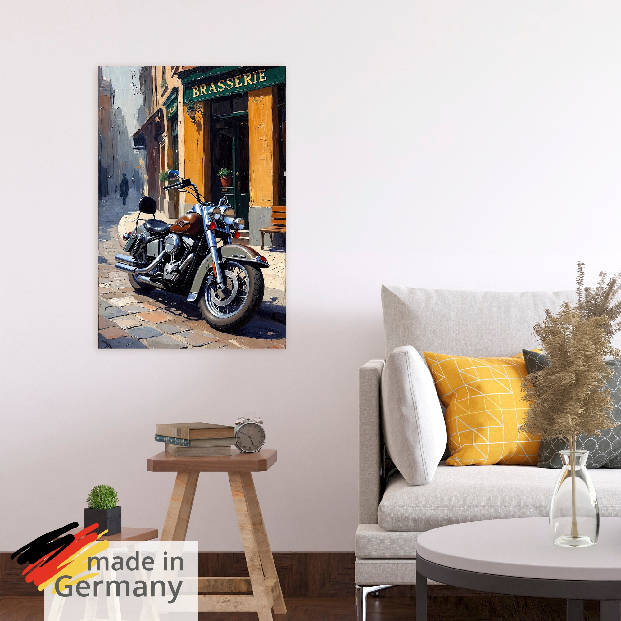 Artland Wandbild »Eine parkende Harley vor einem Brasserie« 1 Stk. tlg. als Alubild, Leinwandbild, Poster, Wandaufkleber in verschied. Größen
