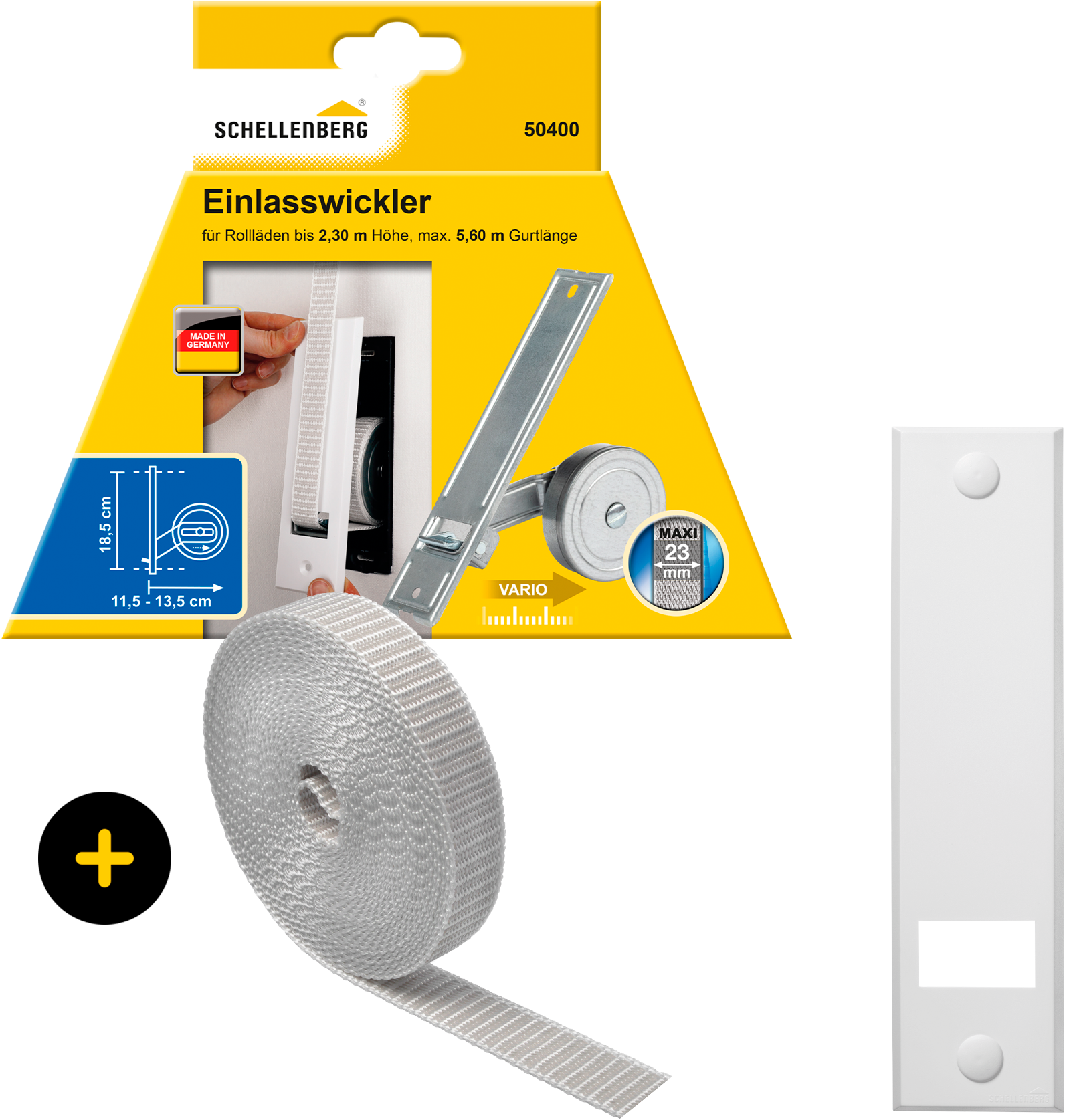 SCHELLENBERG Einlass-Gurtwickler "Unterputz, inkl. Abdeckplatte weiß und Rollladengurt in grau oder weiß" Set, 1 Stk. tlg. 18,5 cm Lochabstand für das Rollladensystem Maxi