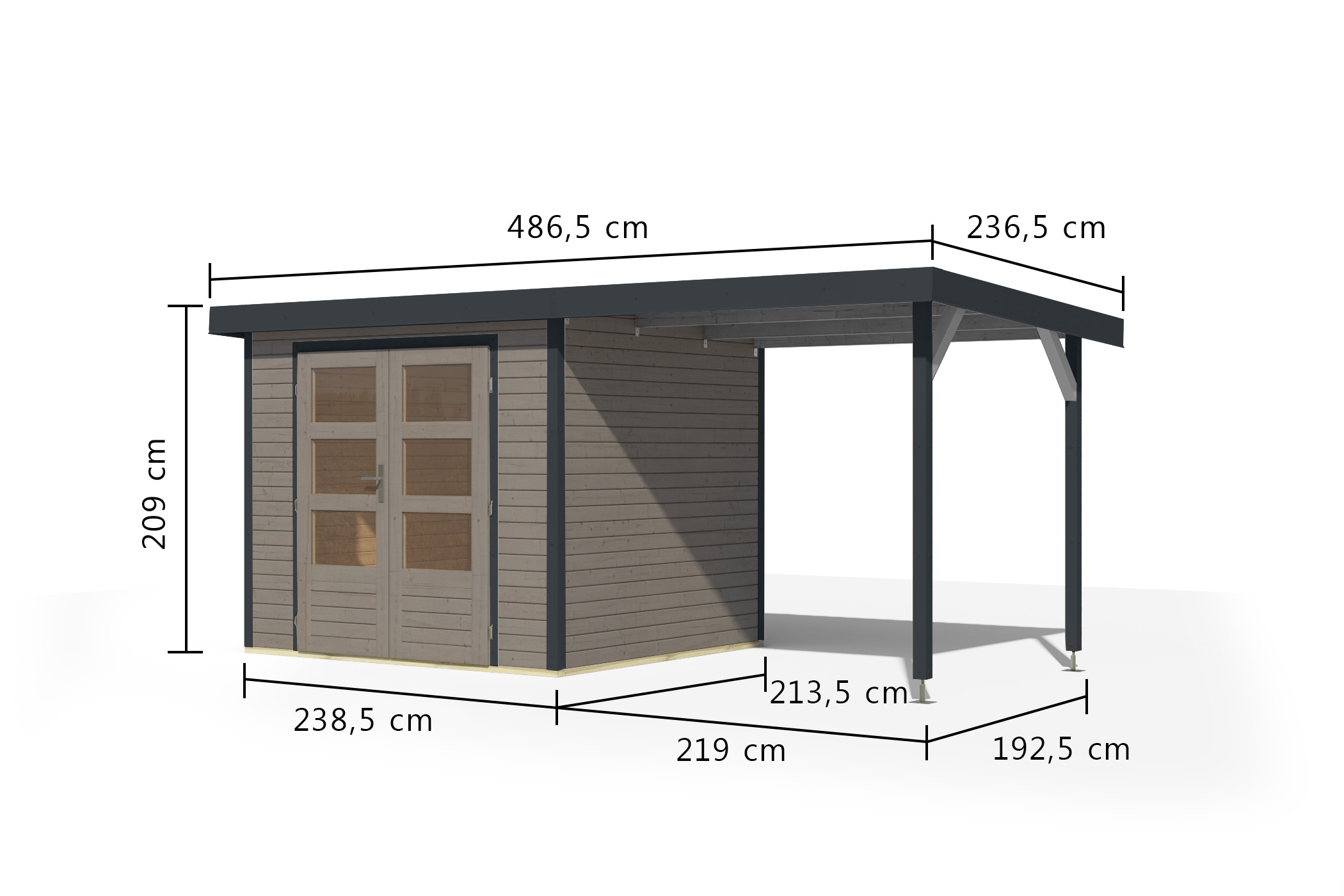 Karibu Gartenhaus »"Jupiter 3 D" SET wassergrau, mit Anbaudach 2,35 m breit«, hochwertige Materialien: nordische Fichte, Stahlecken, Trapezblechdach