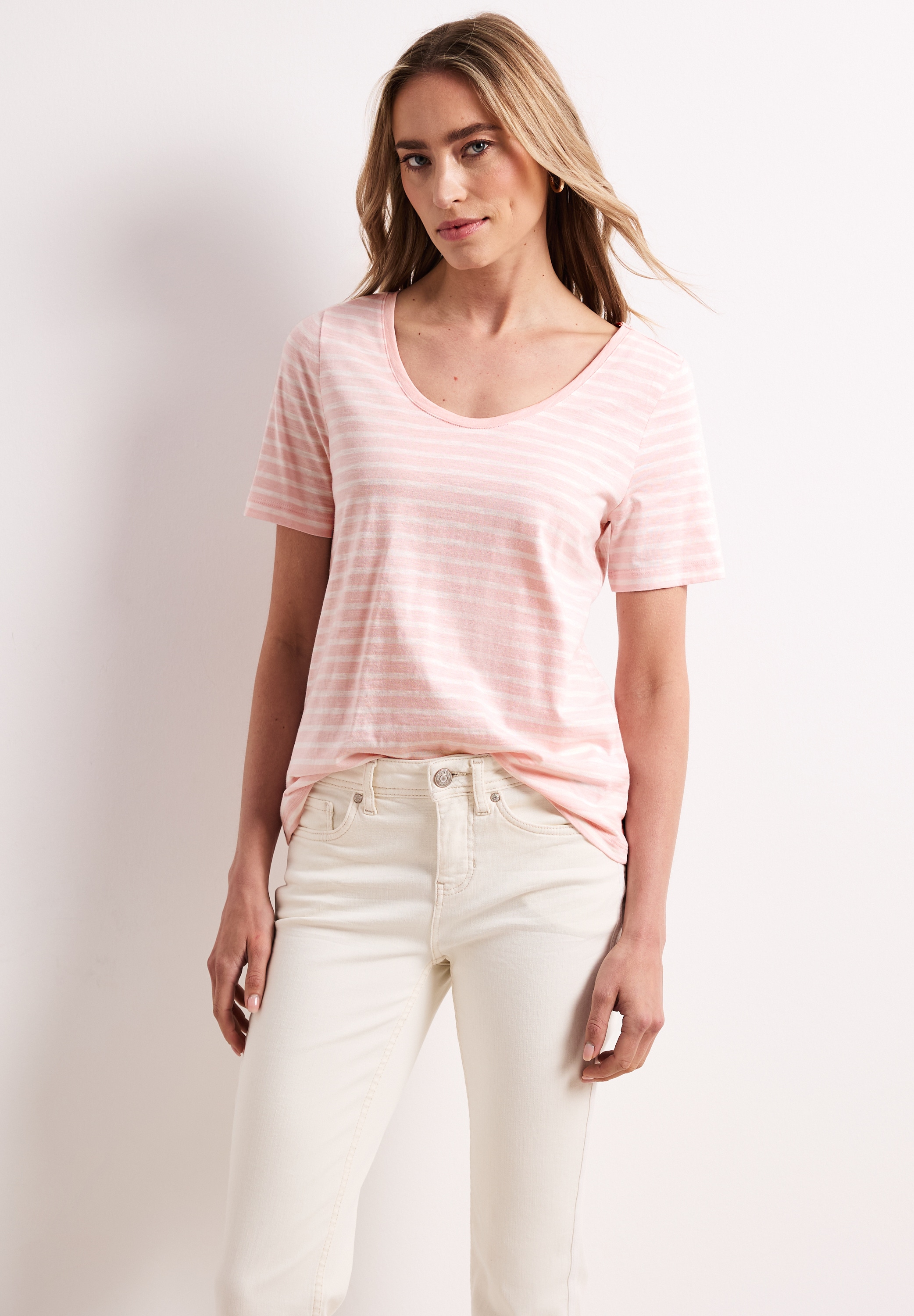 T-Shirt STREET ONE, Damen, Gr. 44, minimal rose, Web, 50% Baumwolle, 50% Modal, gestreift, unifarben, normal normal, V-Ausschnitt, abgesteppt, Shirts T-Shirt, mit abgerundetem V-Ausschnitt