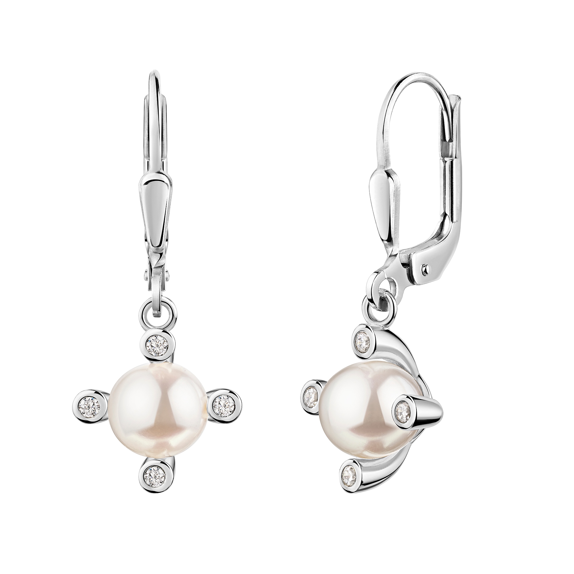 Paar Ohrhänger FIRETTI "Schmuck Geschenk Silber 925 Ohrschmuck Ohrringe Blume", silberfarben, kristallweiß, weiß, kristallweiß, Ohrringe, Damen, 6,5mm, Perlen Silber 925 (Sterlingsilber), Perlen, Silber 925 (Sterlingsilber), mit Zirkonia (synth.) - mit Sü
