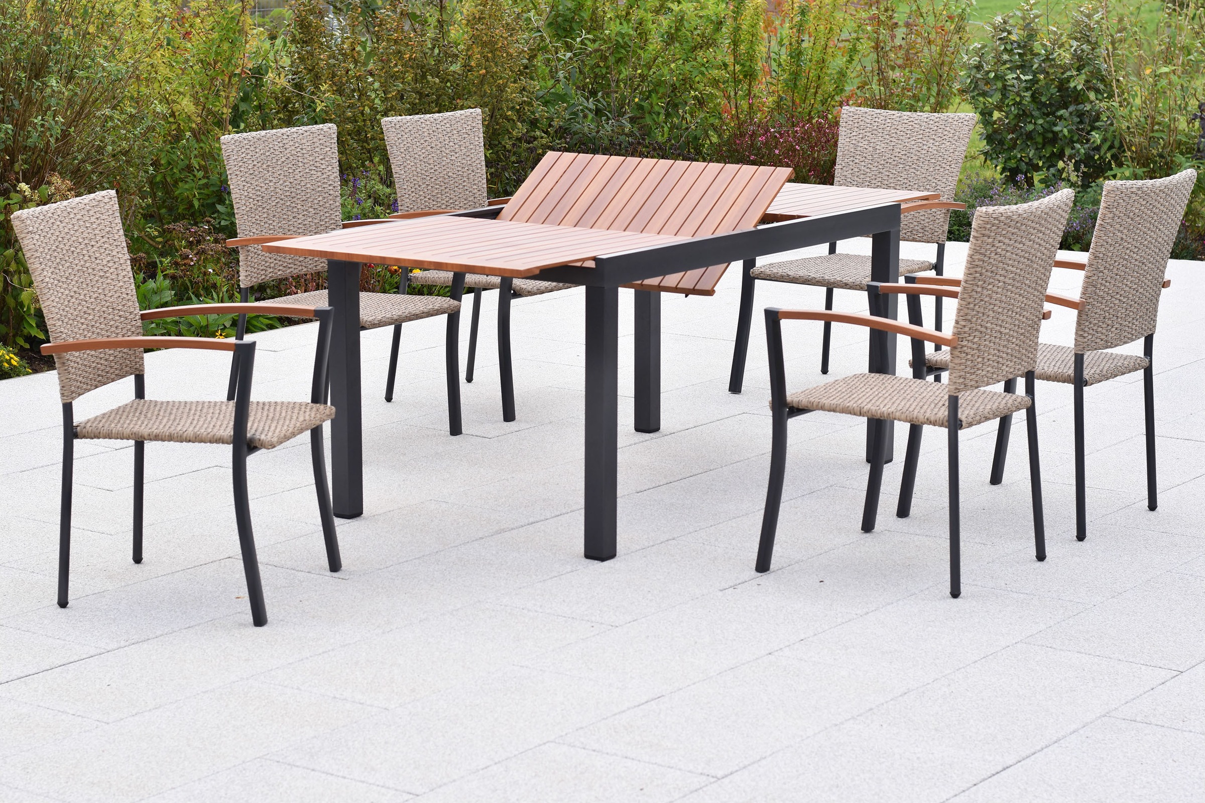 MERXX Garten-Essgruppe »»Teramo««, (Set, 7 tlg.), folierte Applikationen und Tischplatte in Holzoptik