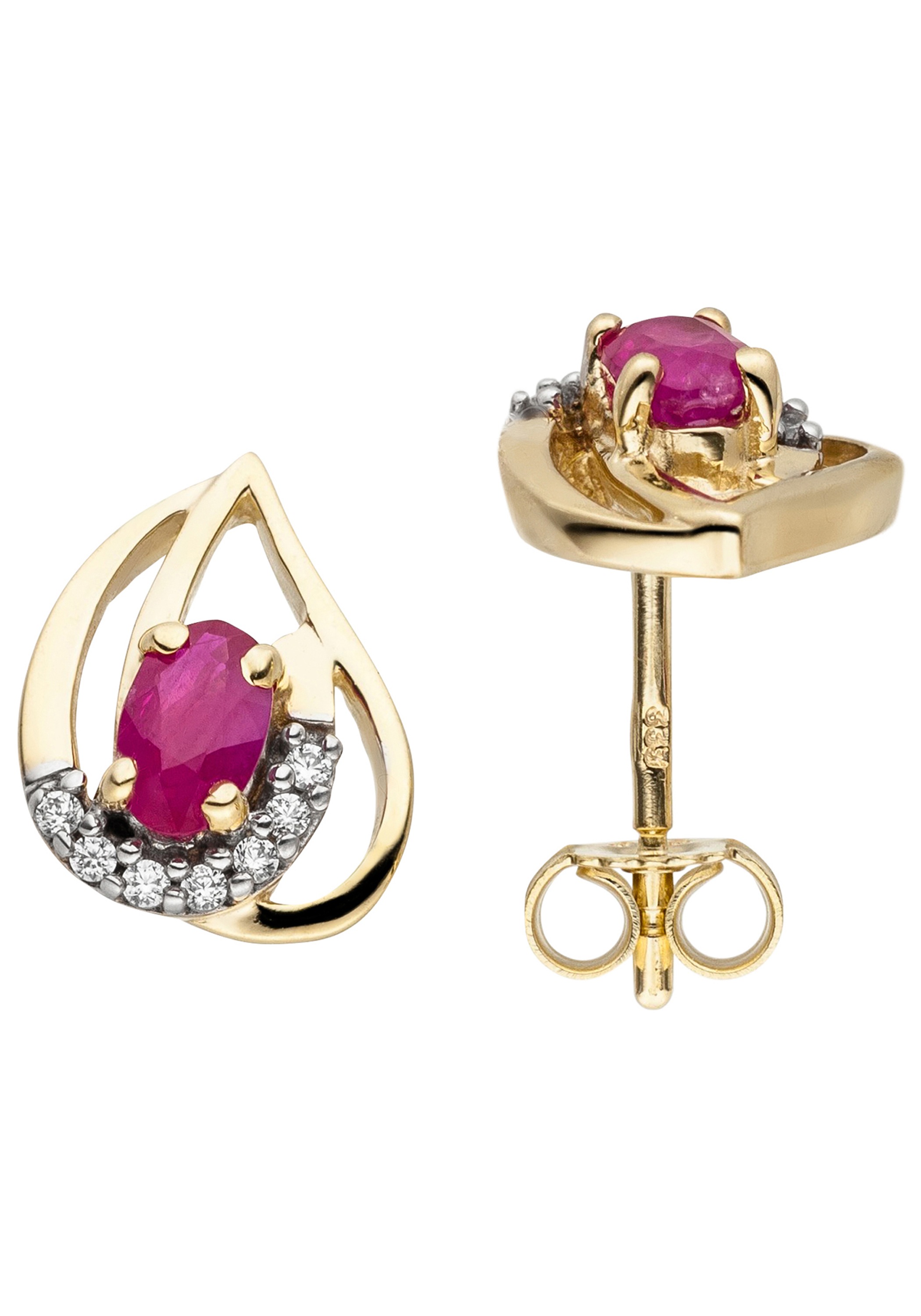 Paar Ohrstecker JOBO "Ohrringe mit Rubin und 14 Zirkonia", gold (gelbgold 333, rot), Ohrringe, Damen, Gelbgold 333, 333 Gold